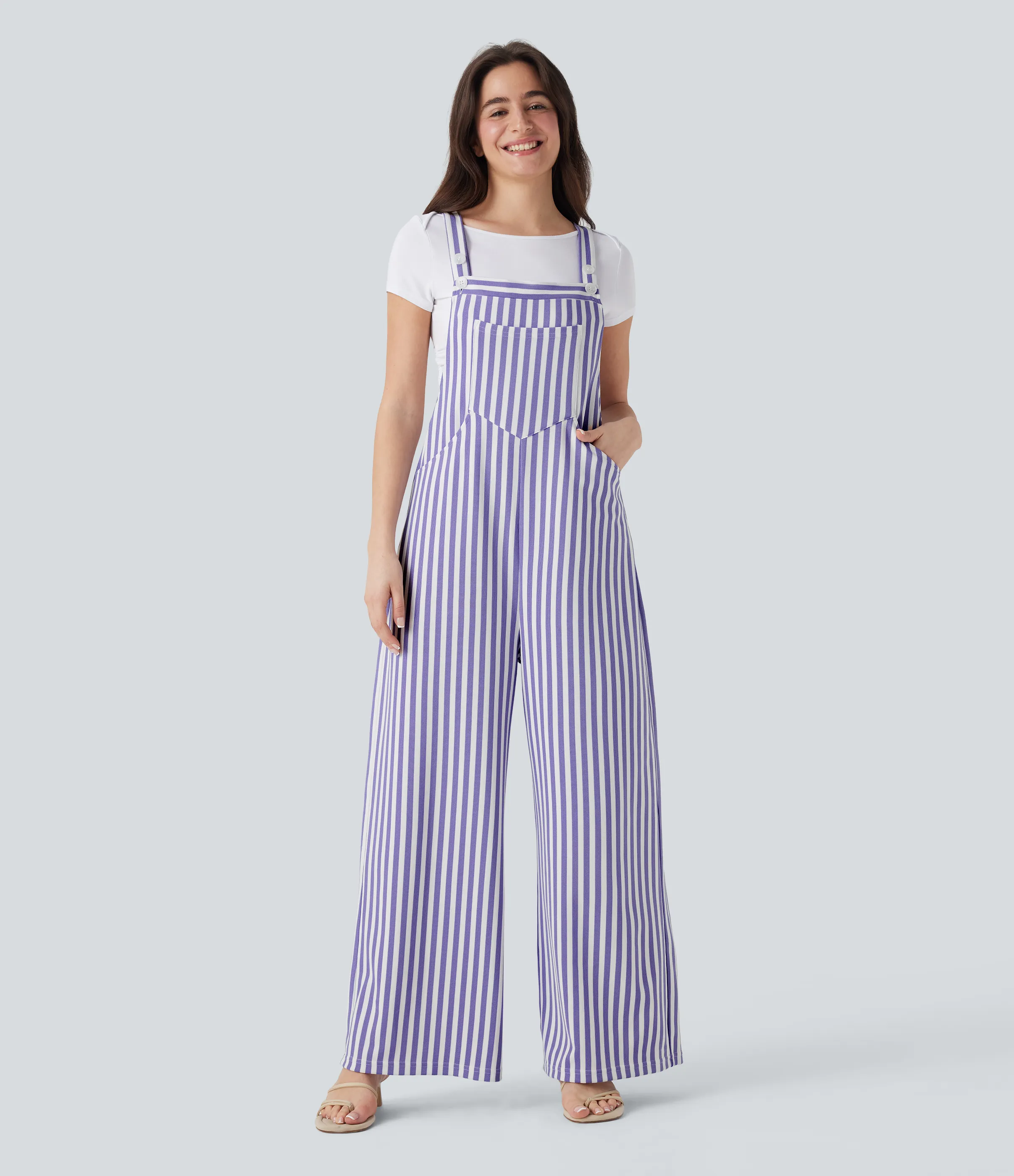 Halara Overol resort gofre raya múltiple bolsillo botón correa ajustable - Lilac Stripe - M(regular) sold by Halara