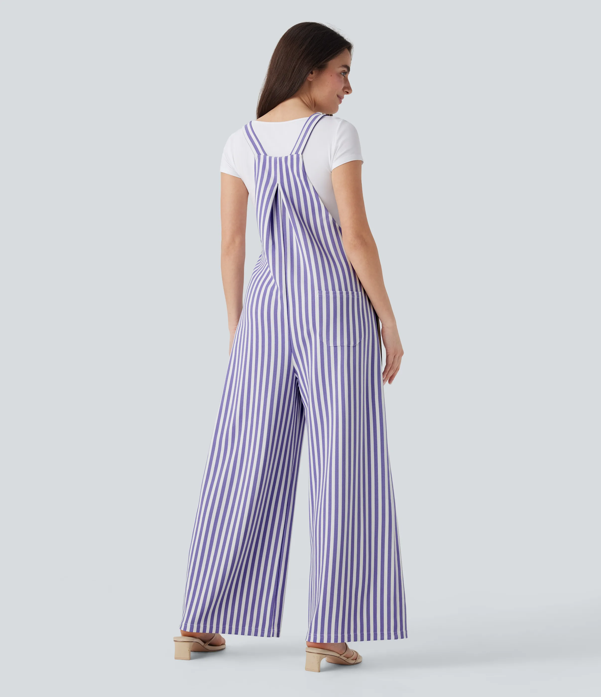 Halara Overol resort gofre raya múltiple bolsillo botón correa ajustable - Lilac Stripe - M(regular) sold by Halara product image thumbnail 3