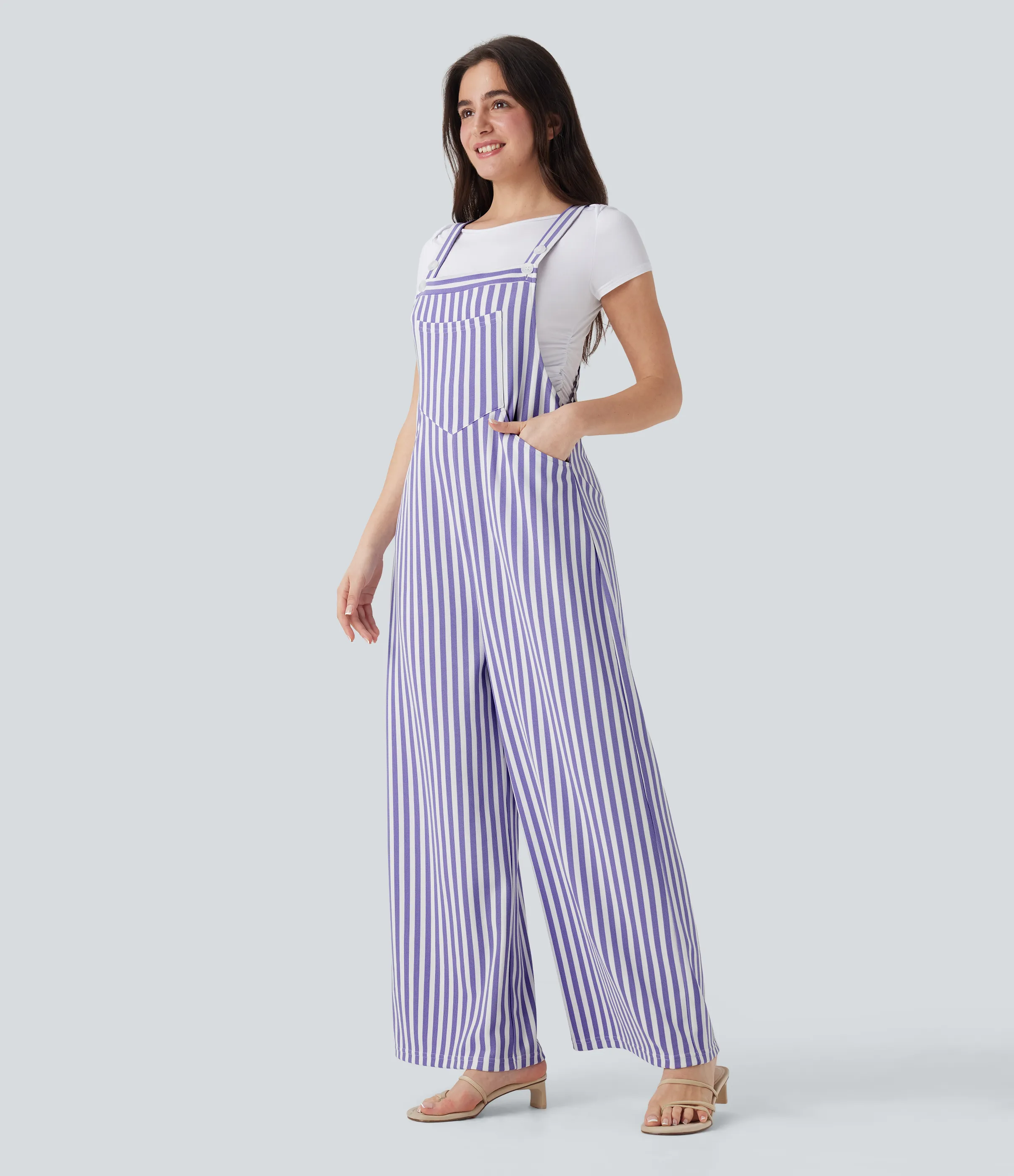 Halara Overol resort gofre raya múltiple bolsillo botón correa ajustable - Lilac Stripe - M(regular) sold by Halara product image thumbnail 4