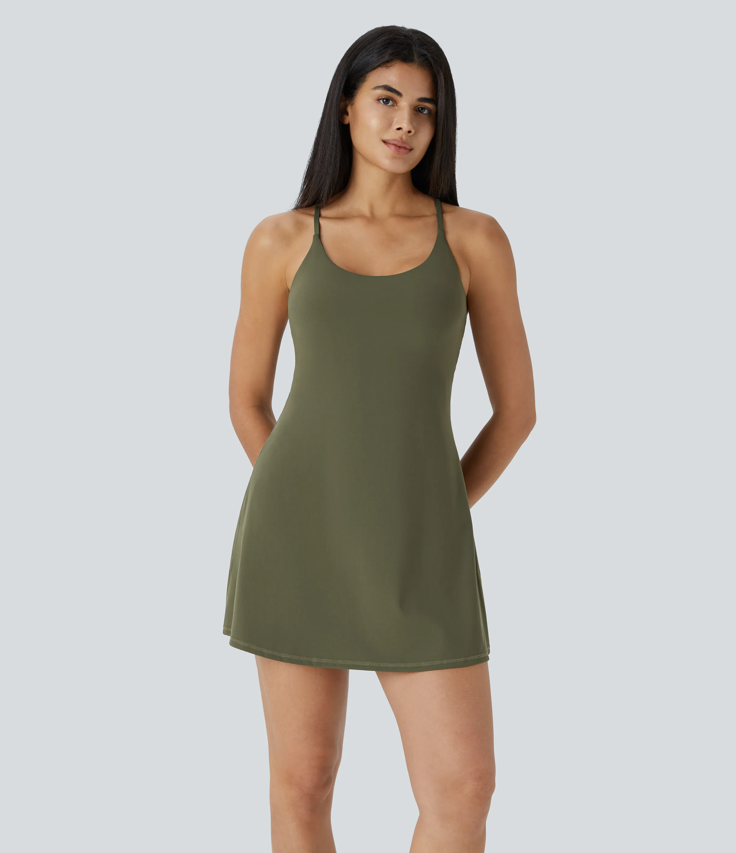 Halara Vestido deportivo SoftlyZero™ Plush afelpado sin espalda en copas D-F - Grass Grey Green - XL sold by Halara