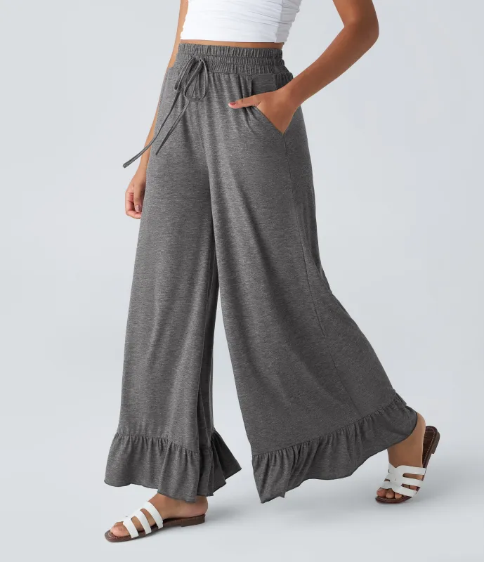 Halara Pantalón pierna ancha volante bolsillo lateral cordón tiro alto - Darl Gray Floral Yarn - XL(regular) made by Halara