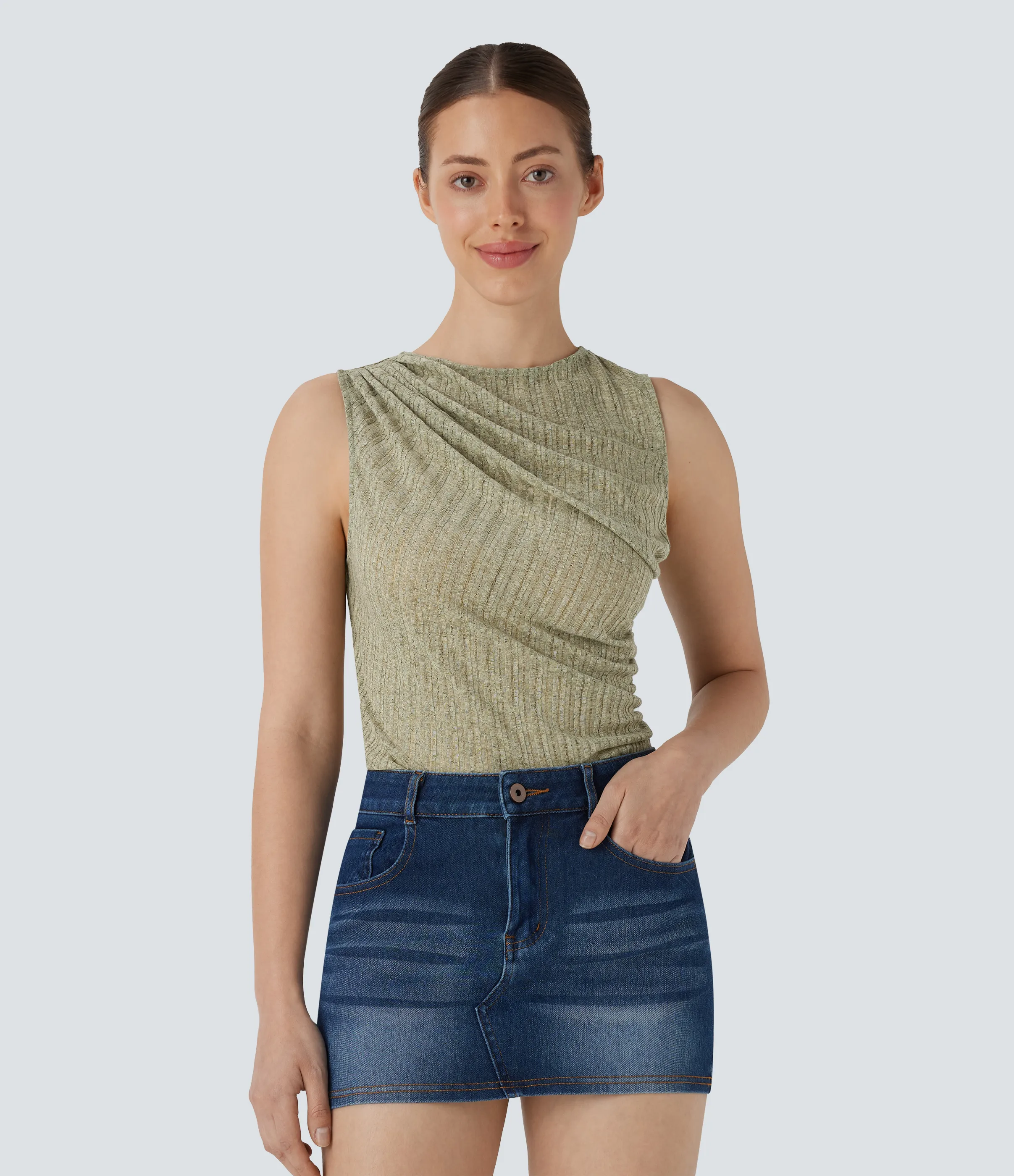 Halara Top casual asimétrico acanalado y fruncido sin mangas - Moss Green Light Floral Yarn - S sold by Halara product image thumbnail 2