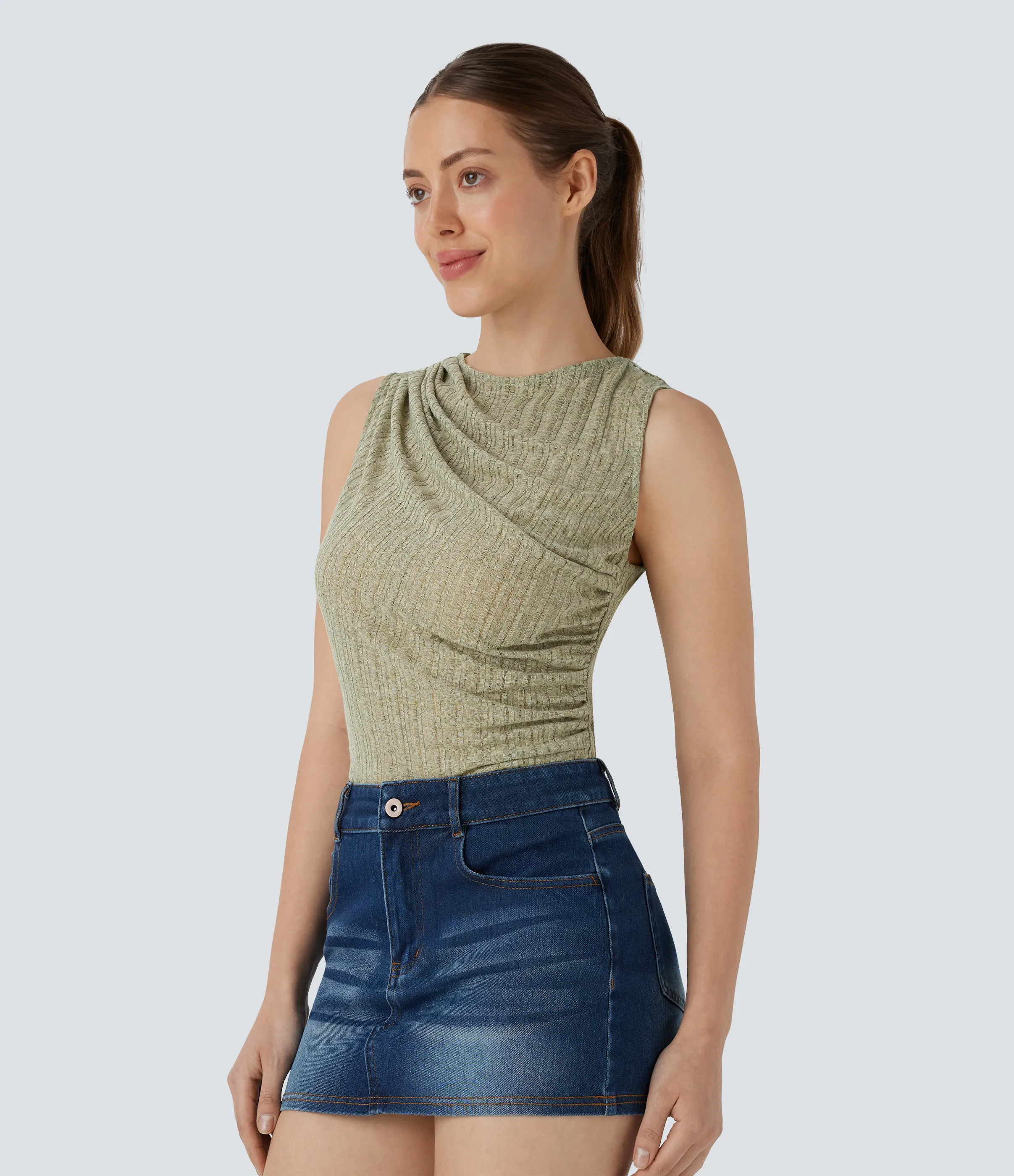 Halara Top casual asimétrico acanalado y fruncido sin mangas - Moss Green Light Floral Yarn - S sold by Halara product image thumbnail 5