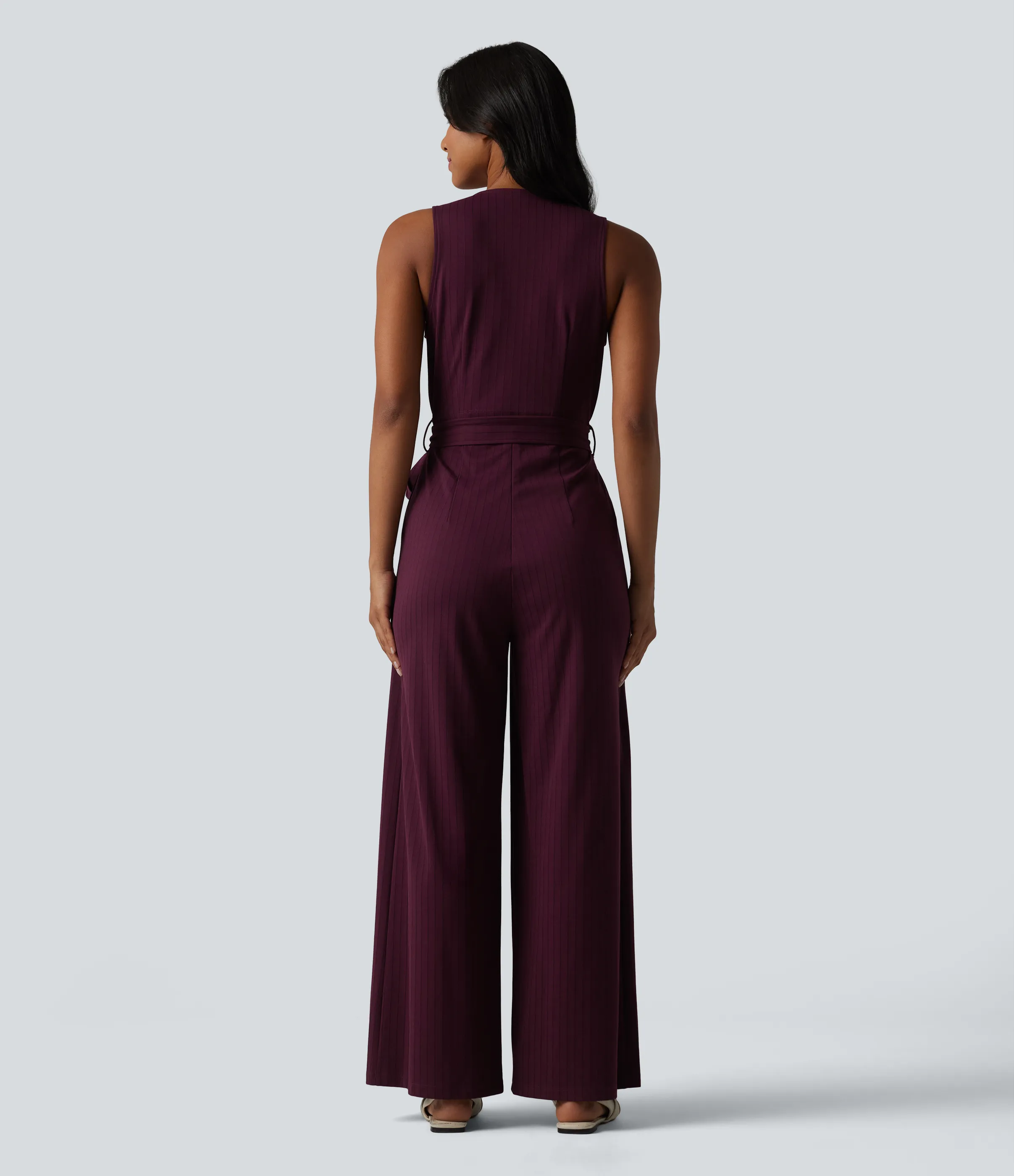 Halara Mono de oficina a rayas sin mangas con cuello en V, botones, cinturón, cremallera invisible de tacto fresco con bolsillos - Easy Peezy - Burgundy Pinstripe - M(regular) sold by Halara product image thumbnail 3