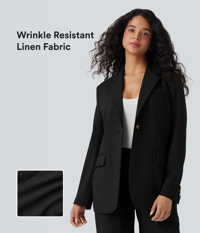 Halara Blazer de lino de oficina de manga larga con cuello con solapas y bolsillos - Black - XL made by Halara