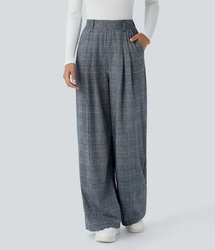 Halara Pantalón tiro alto bolsillo lateral pierna ancha estampado pata gallo - Navy Blue Houndstooth Plaid - L(regular) made by Halara