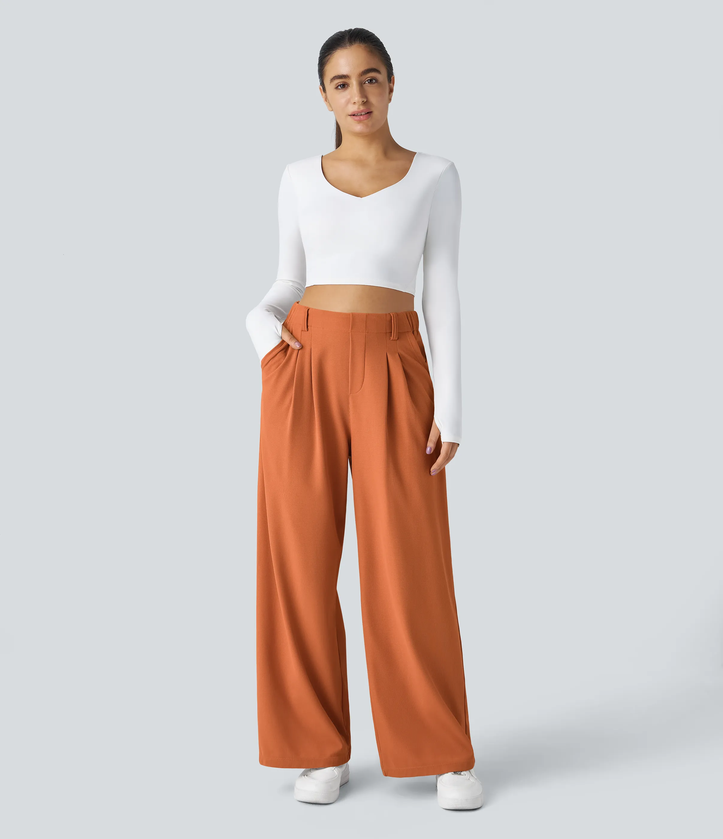 Halara Pantalones Halara Flex™ de oficina anchos plisados de tiro alto con bolsillos en tela tipo gofre - Apricot Orange - L(tall) sold by Halara product image thumbnail 5