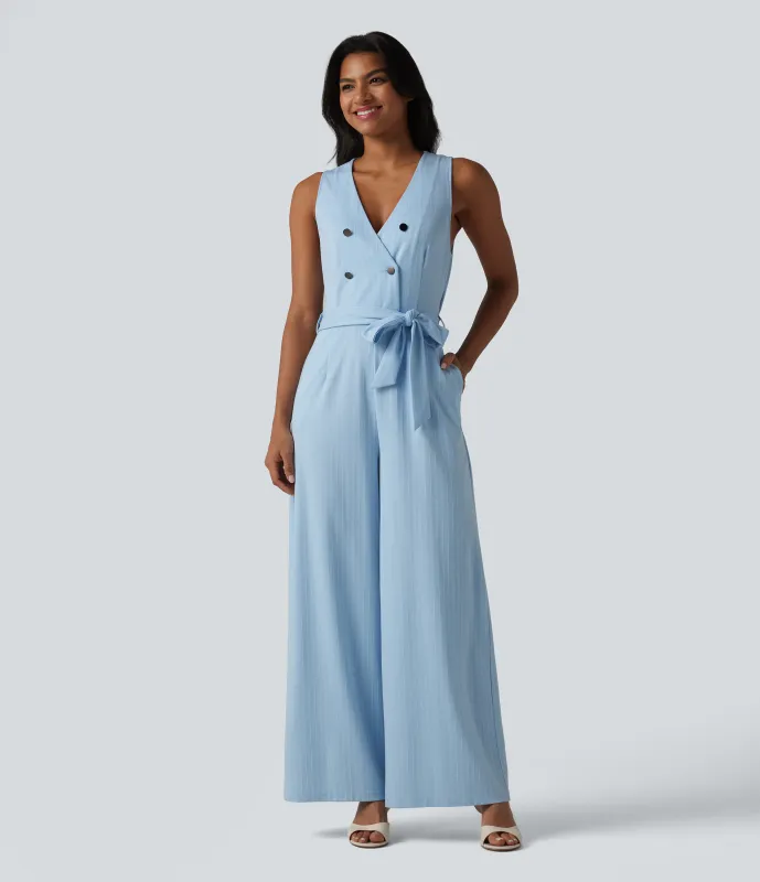 Halara Mono de oficina a rayas sin mangas con cuello en V, botones, cinturón, cremallera invisible de tacto fresco con bolsillos - Easy Peezy - Cloudline Blue Stripe - M(regular) made by Halara