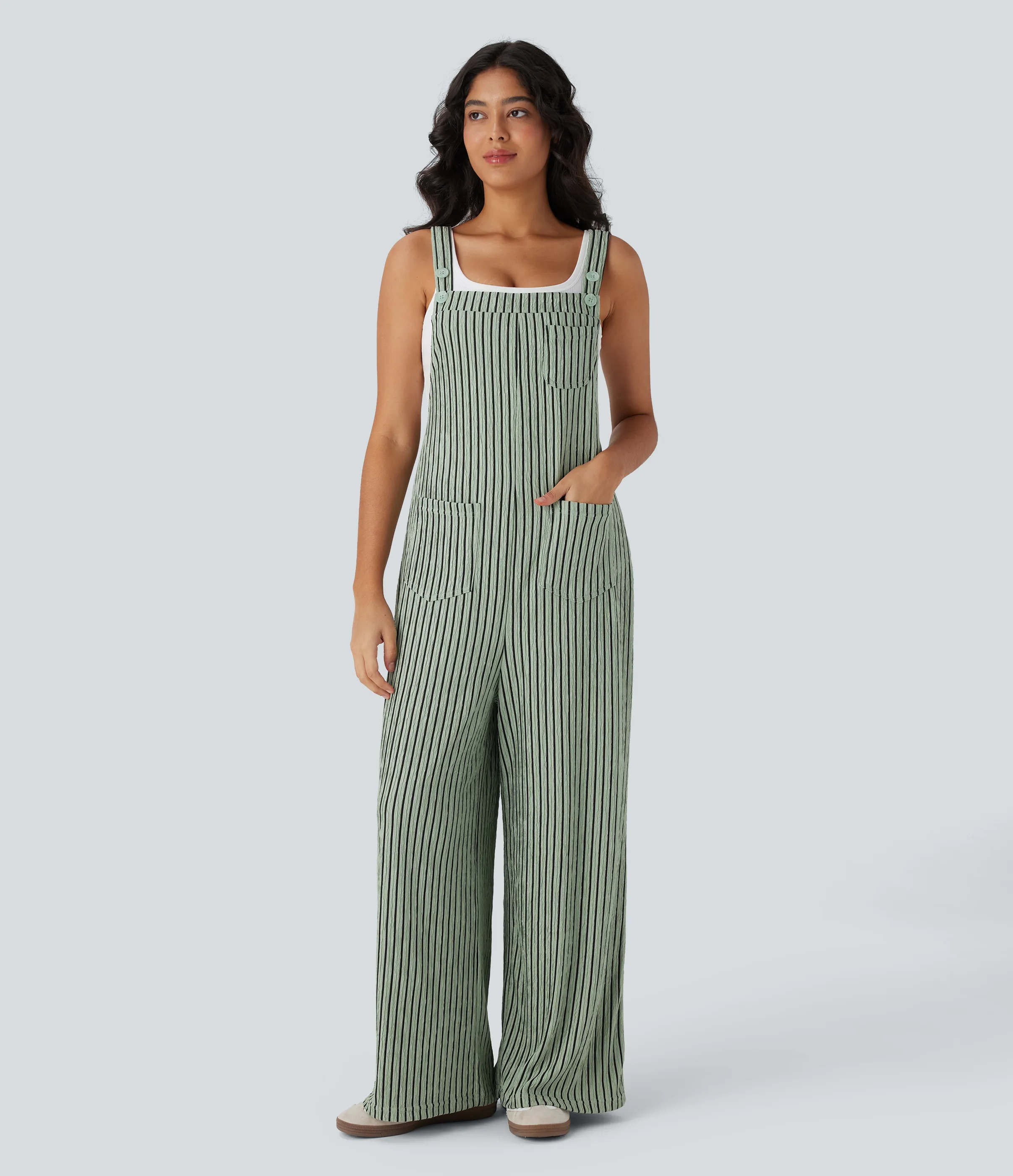 Halara Overol raya múltiple bolsillo botón correa ajustable - Grey Green Black Stripes - XL(regular) sold by Halara product image thumbnail 2