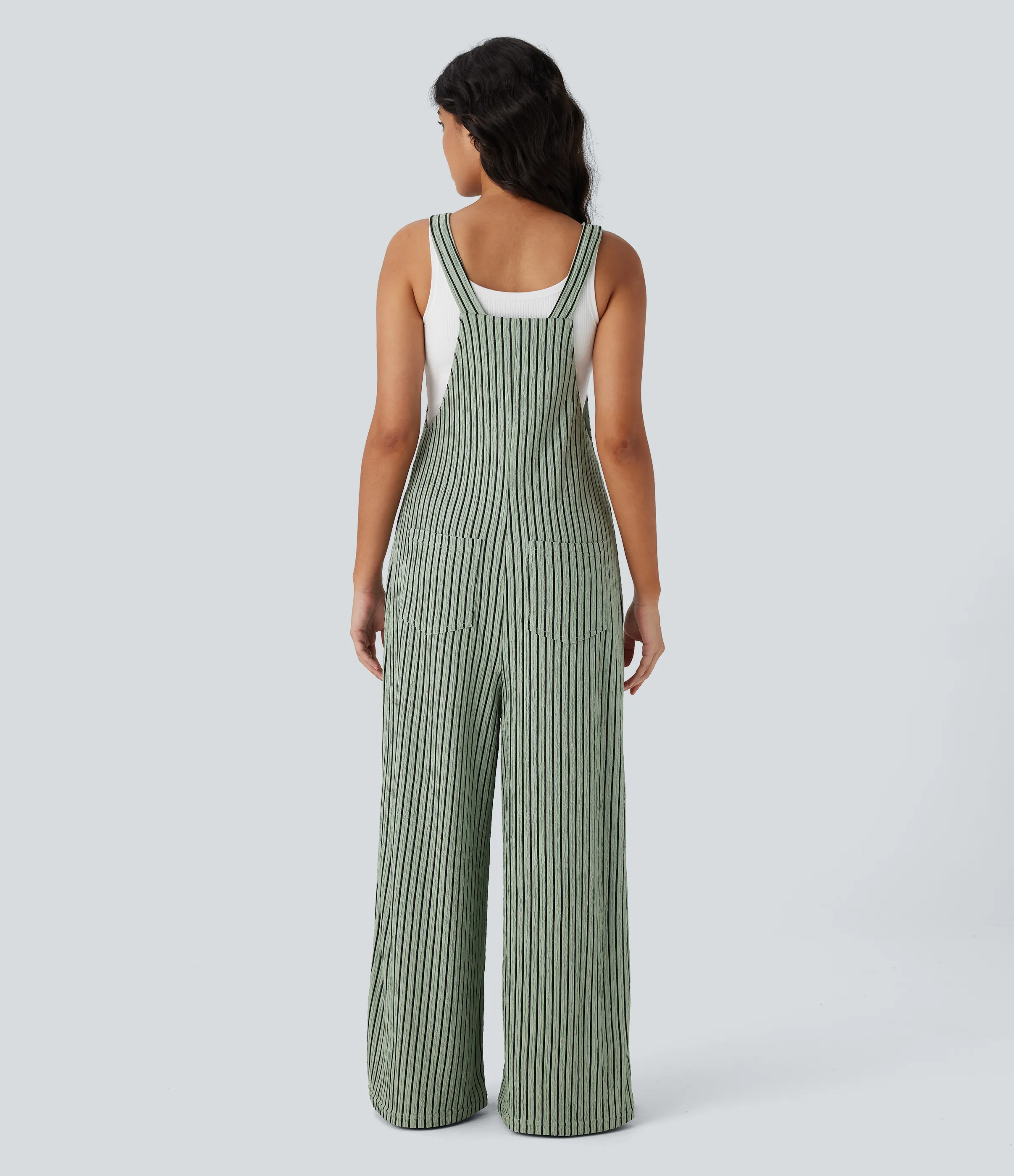 Halara Overol raya múltiple bolsillo botón correa ajustable - Grey Green Black Stripes - XL(regular) sold by Halara product image thumbnail 3