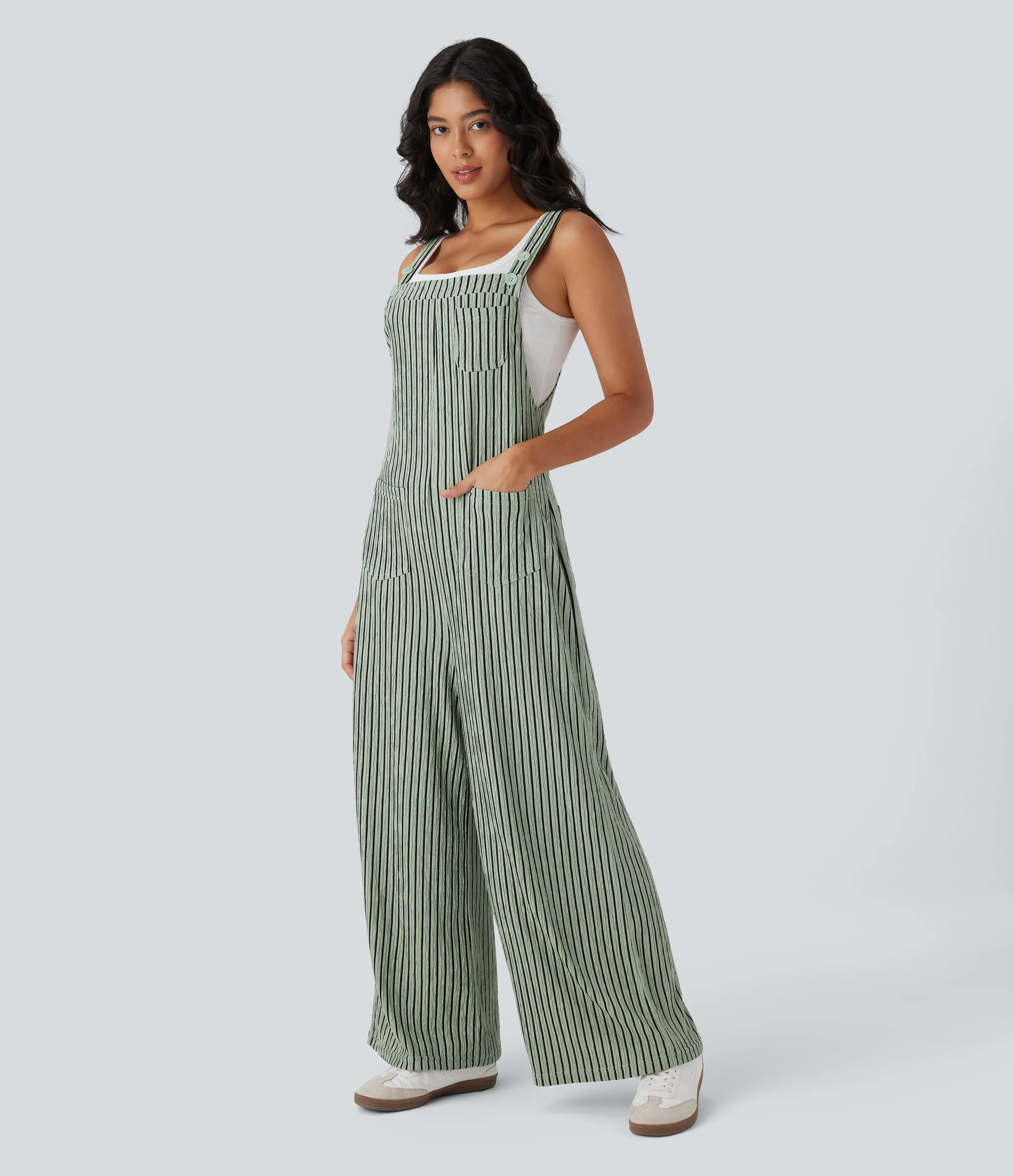 Halara Overol raya múltiple bolsillo botón correa ajustable - Grey Green Black Stripes - XL(regular) sold by Halara product image thumbnail 4