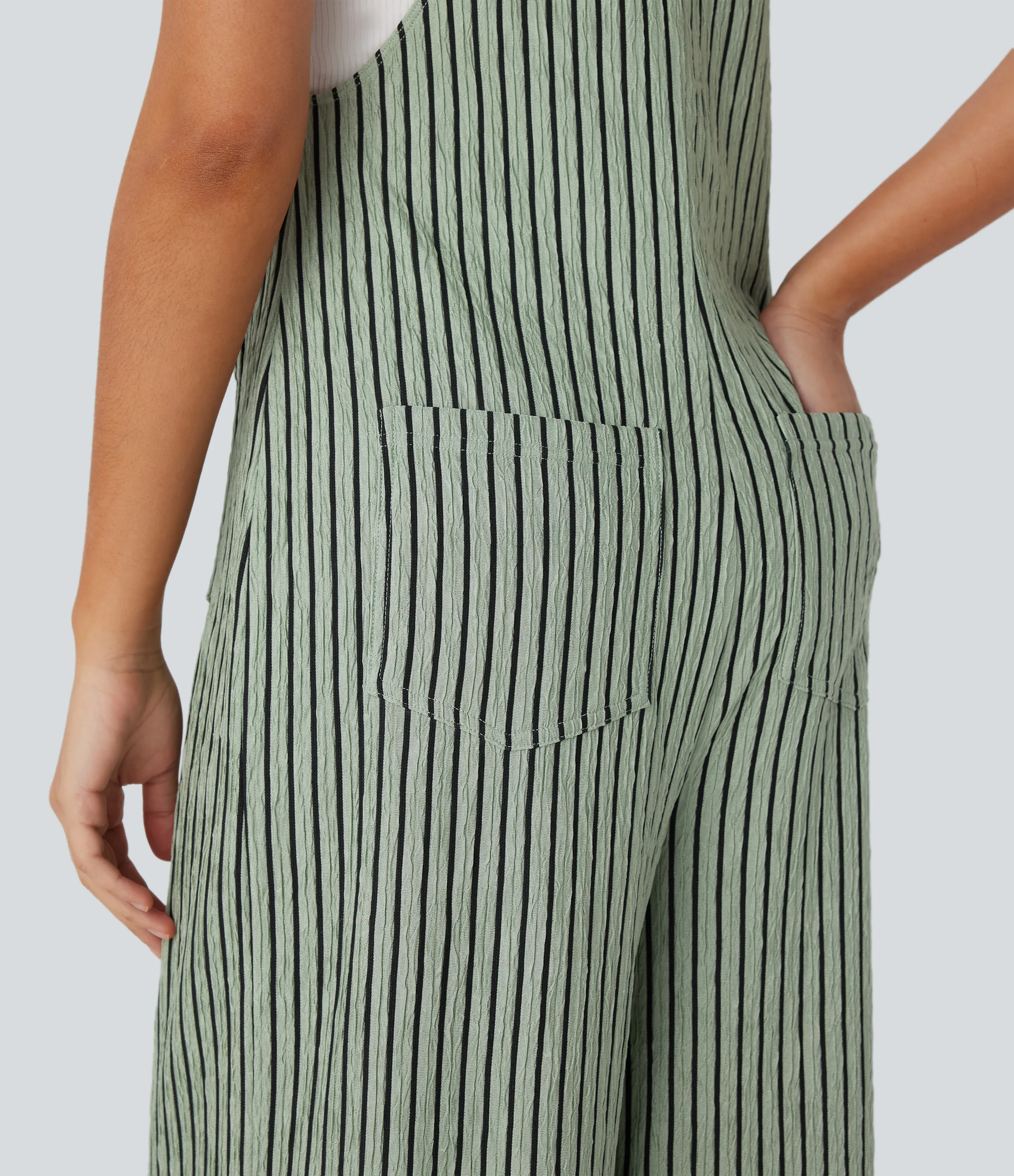Halara Overol raya múltiple bolsillo botón correa ajustable - Grey Green Black Stripes - XL(regular) sold by Halara product image thumbnail 5