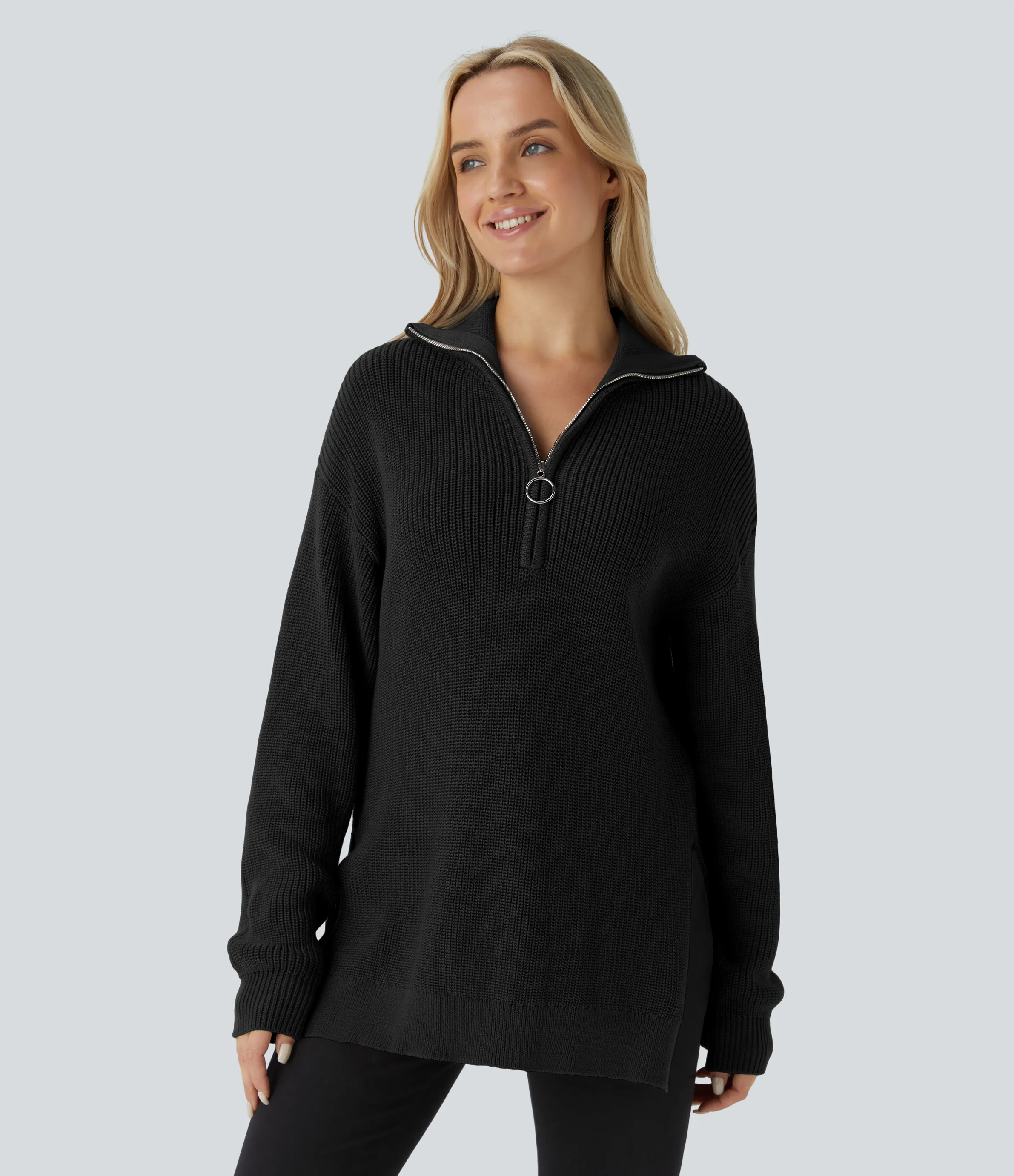 Halara Suéter manga larga abertura cuello embudo media cremallera - Black - L sold by Halara