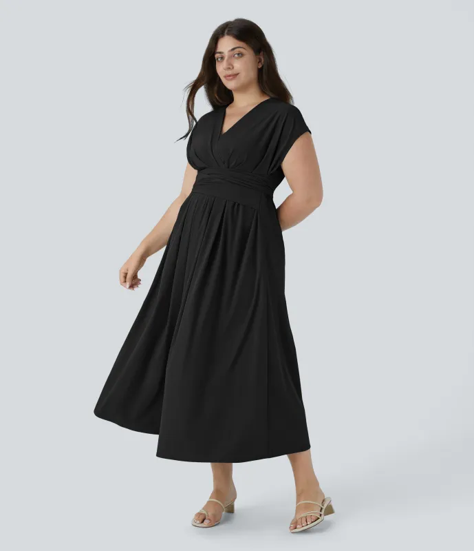 Halara Vestido midi Breezeful™ talla grande cuello V manga corta bolsillo lateral lazo espalda secado rápido - Black - 3X made by Halara