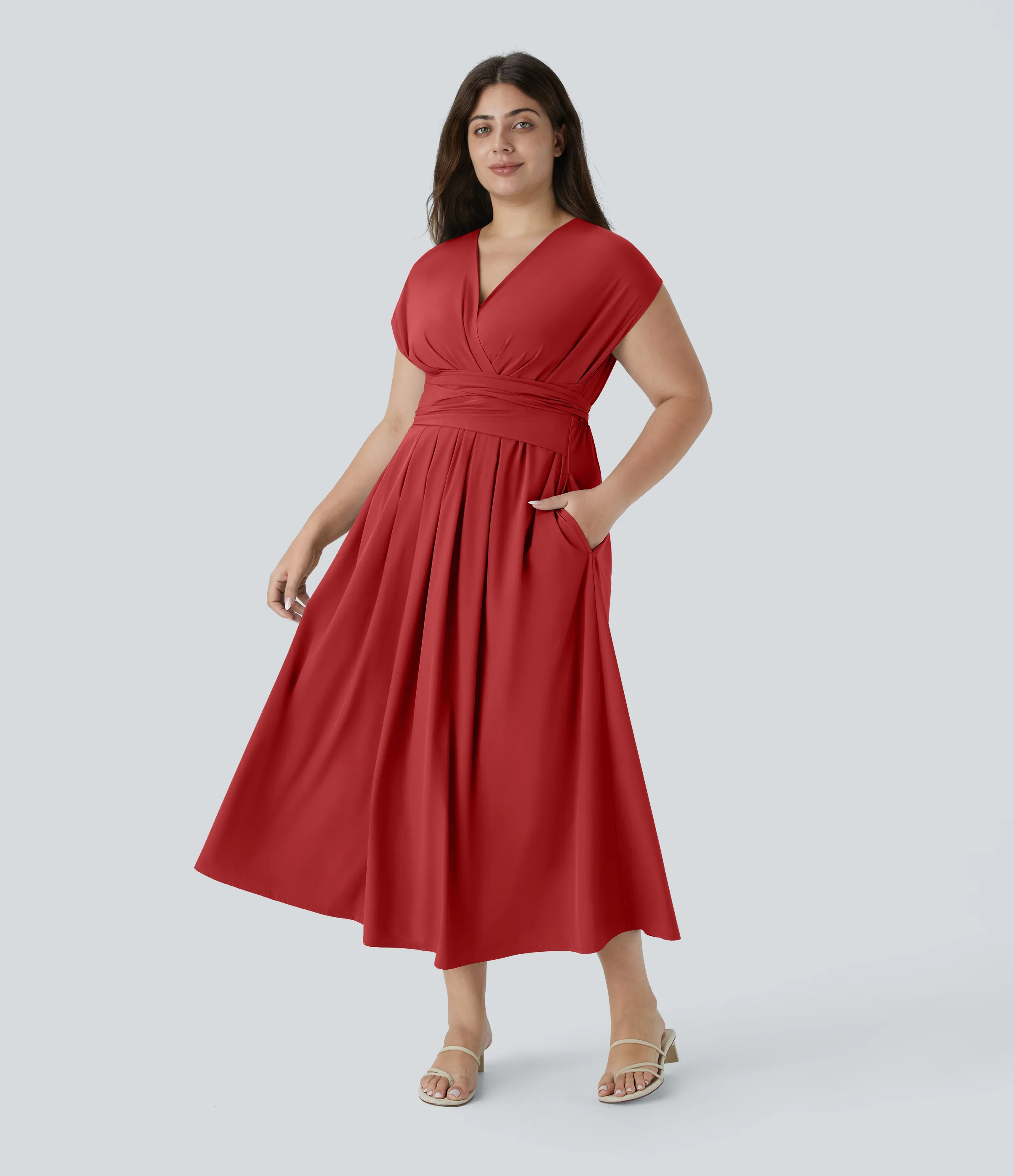 Halara Vestido midi Breezeful™ talla grande cuello V manga corta bolsillo lateral lazo espalda secado rápido - Pompeian Red - 3X sold by Halara
