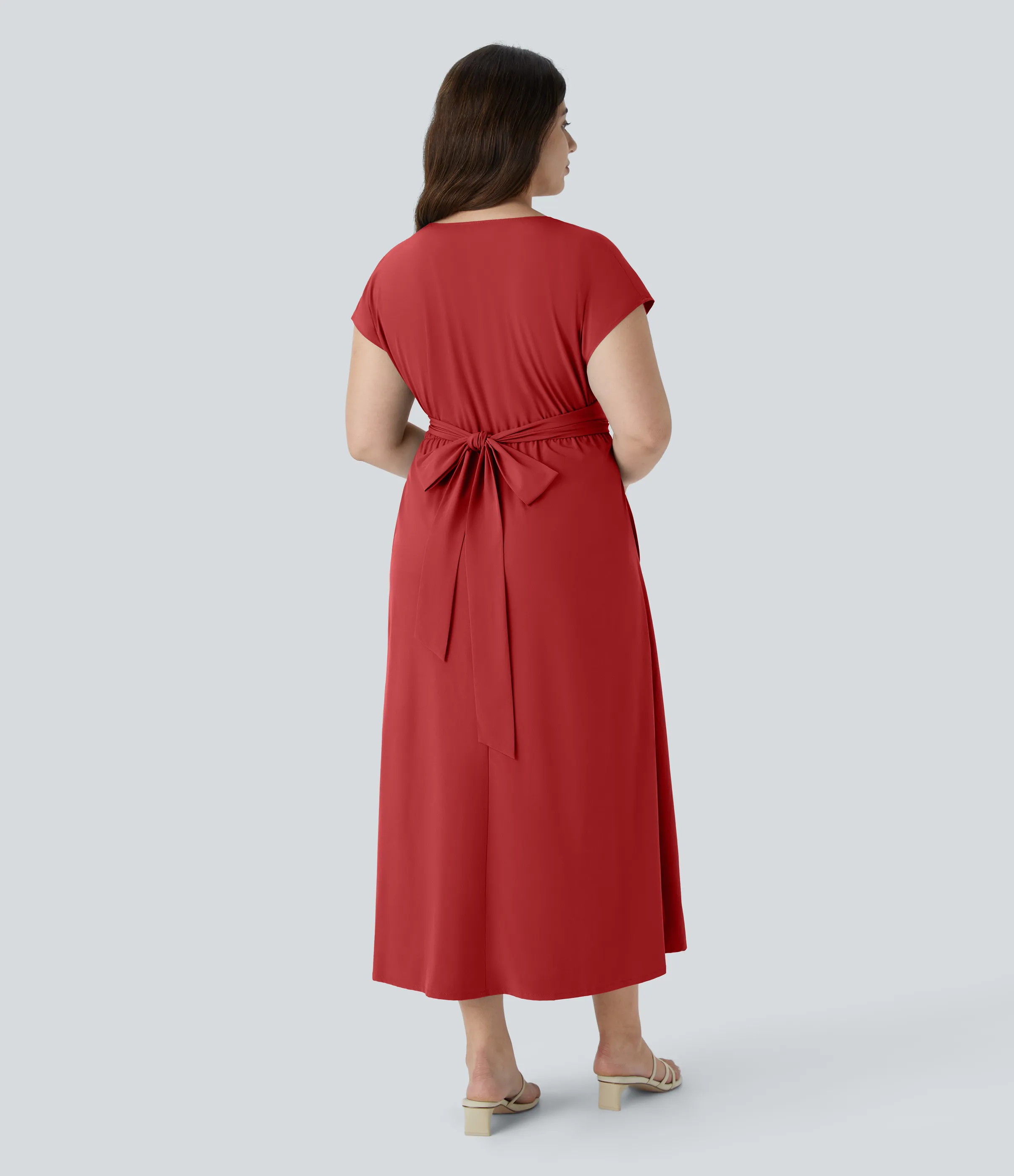 Halara Vestido midi Breezeful™ talla grande cuello V manga corta bolsillo lateral lazo espalda secado rápido - Pompeian Red - 3X sold by Halara product image thumbnail 3