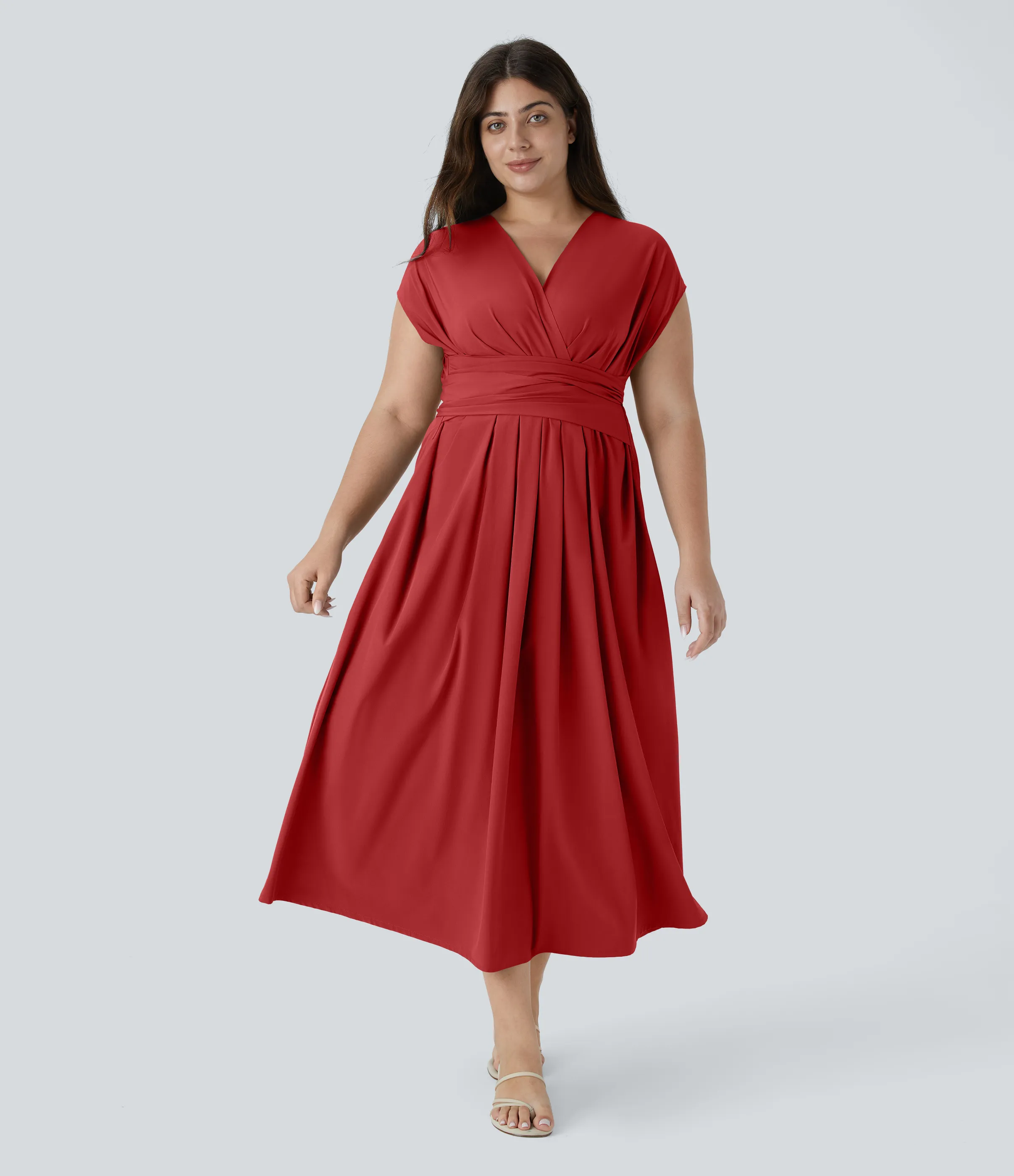 Halara Vestido midi Breezeful™ talla grande cuello V manga corta bolsillo lateral lazo espalda secado rápido - Pompeian Red - 3X sold by Halara product image thumbnail 4