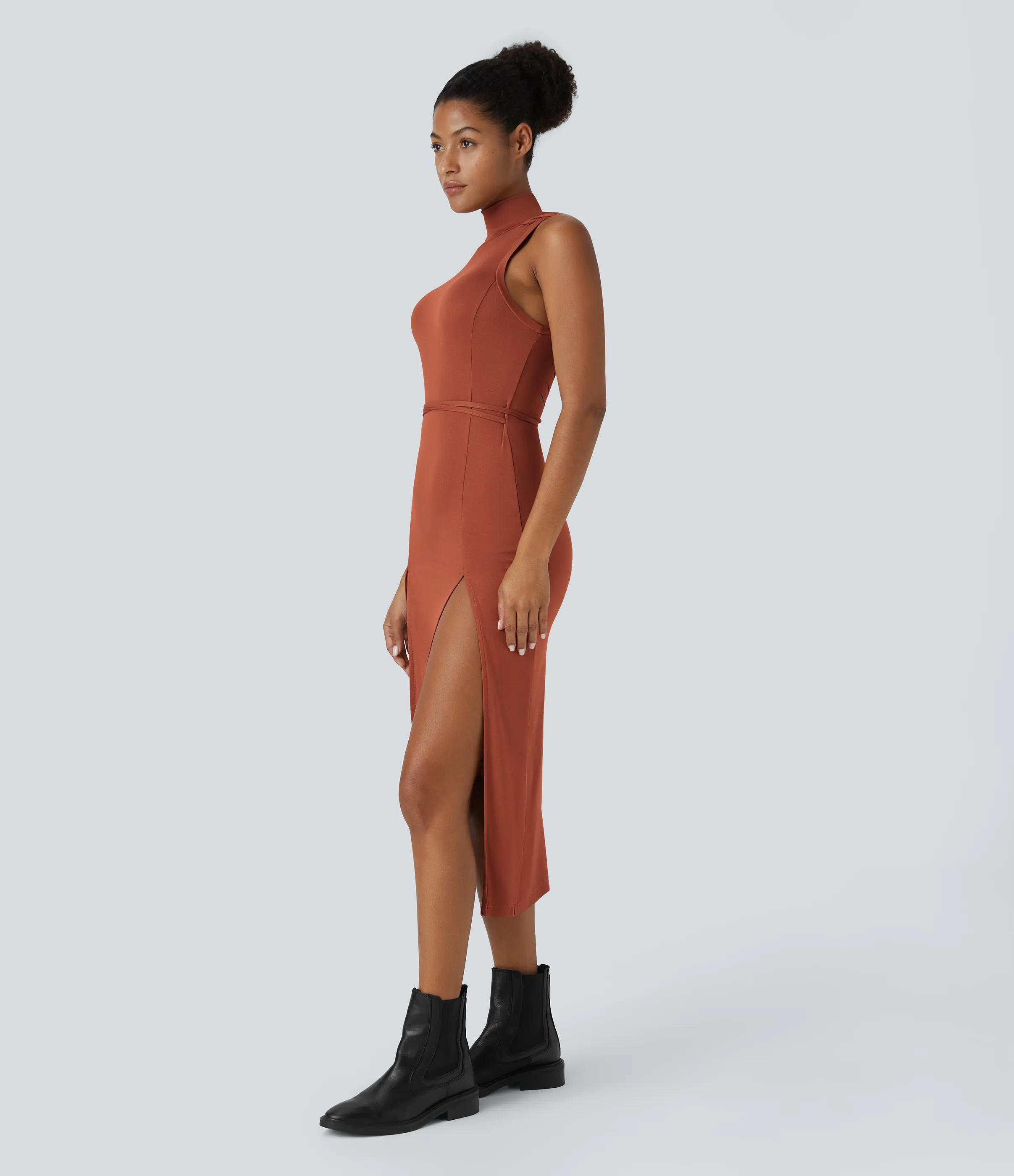 Halara Vestido media pierna 2 piezas abertura lazo espalda sin mangas cuello alto capucha canalé - Picante - S sold by Halara product image thumbnail 4