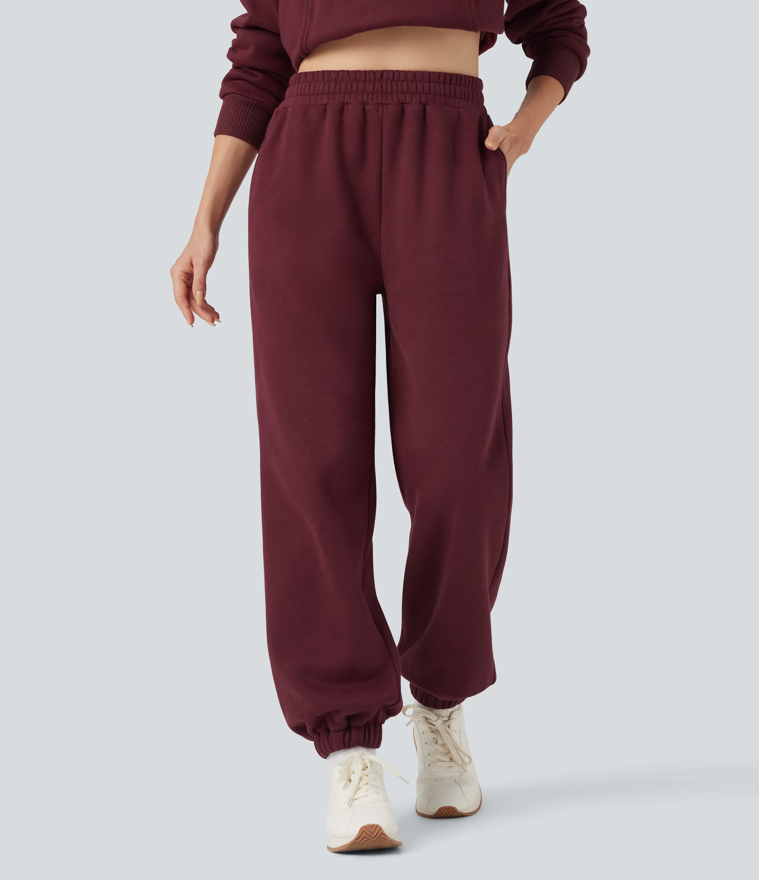 Halara Joggers casuales de polar con tiro alto, cordón ajustable y bolsillos - Chocolate Truffle - M(regular) sold by Halara product image thumbnail 3