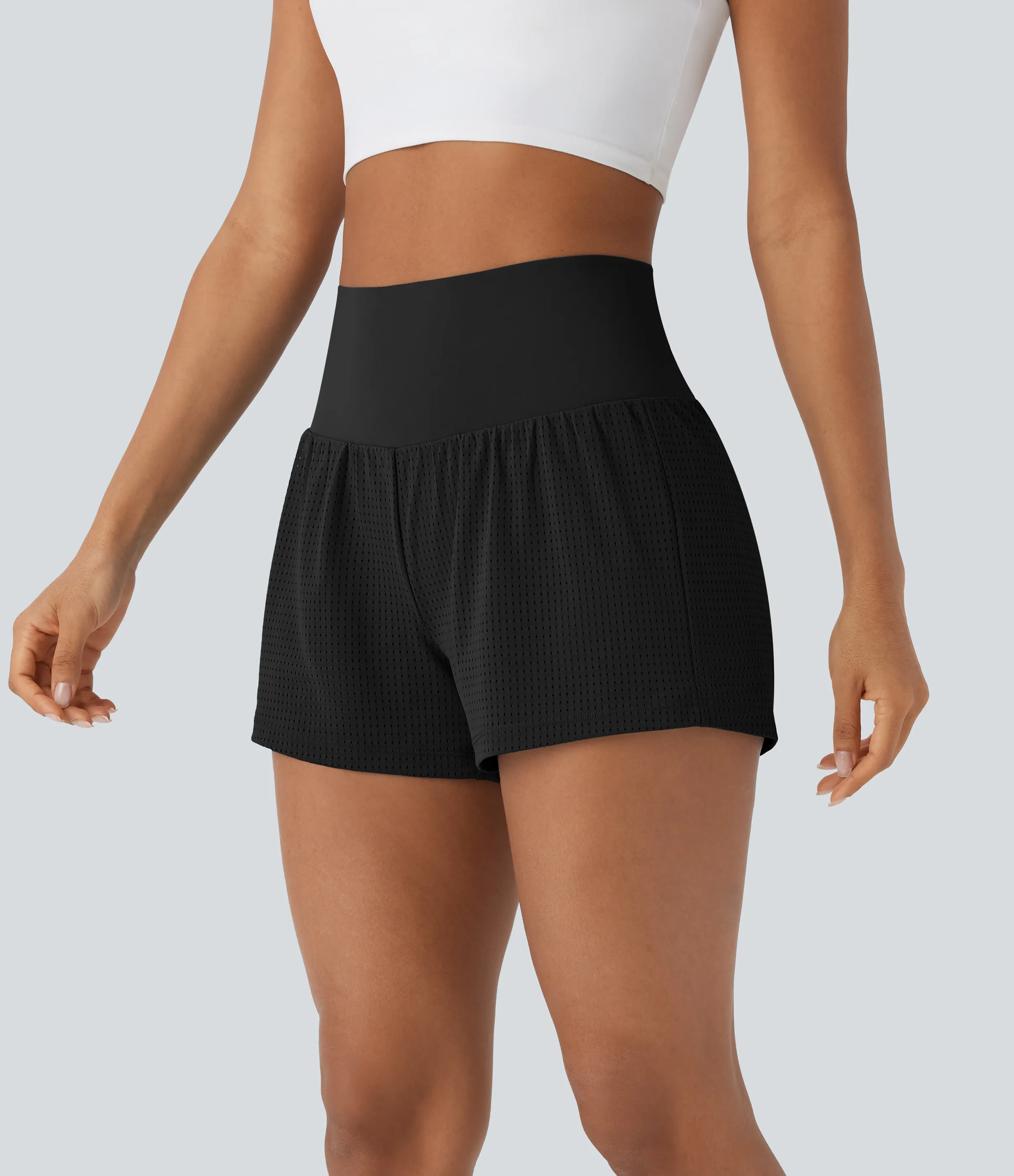 Halara Shorts de yoga 2 en 1 con moldeador de abdomen y tiro alto con detalles perforados - Black - S sold by Halara product image thumbnail 4