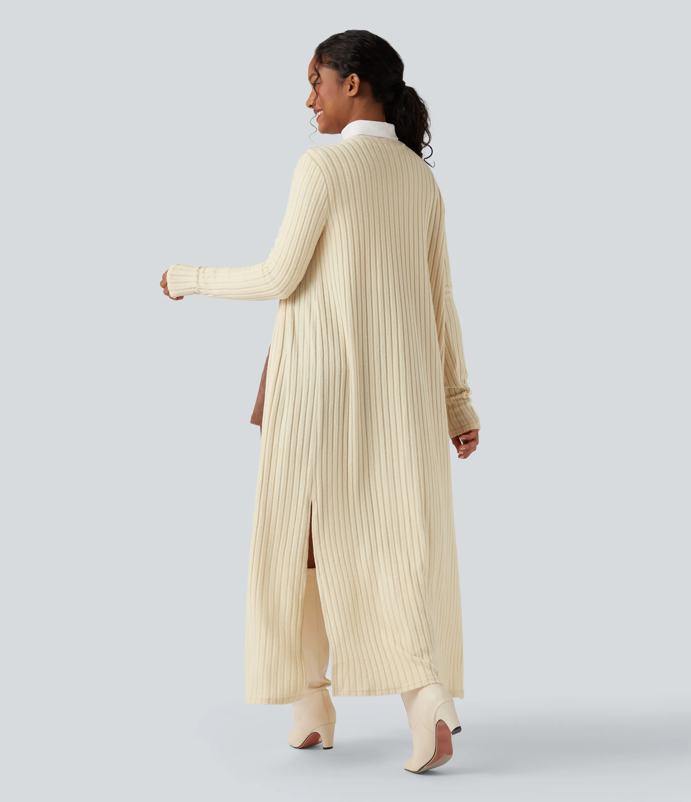 Halara Abrigo largo casual de punto acanalado con mangas largas y abertura - Buttercream - M sold by Halara product image thumbnail 3