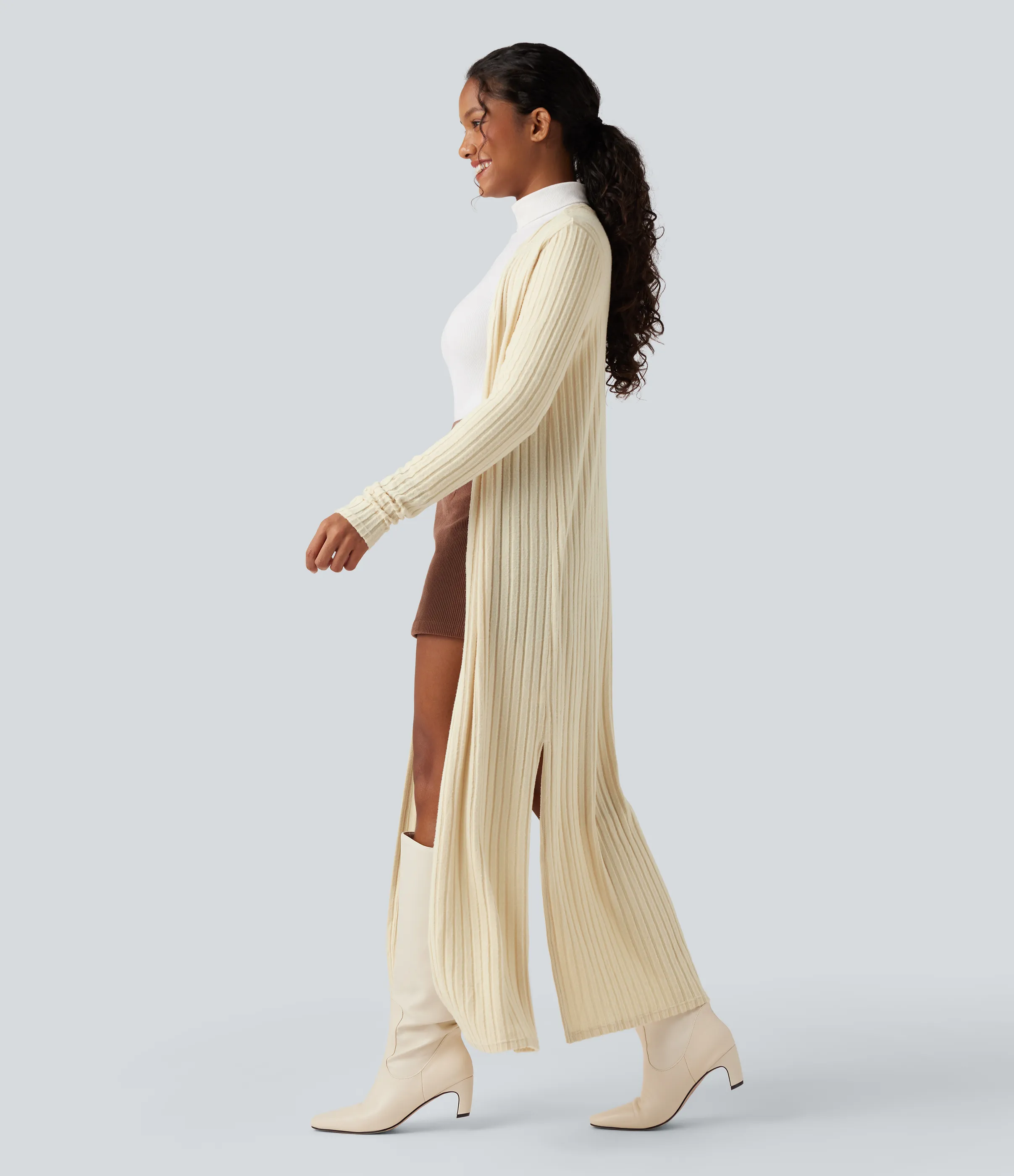 Halara Abrigo largo casual de punto acanalado con mangas largas y abertura - Buttercream - M sold by Halara product image thumbnail 4