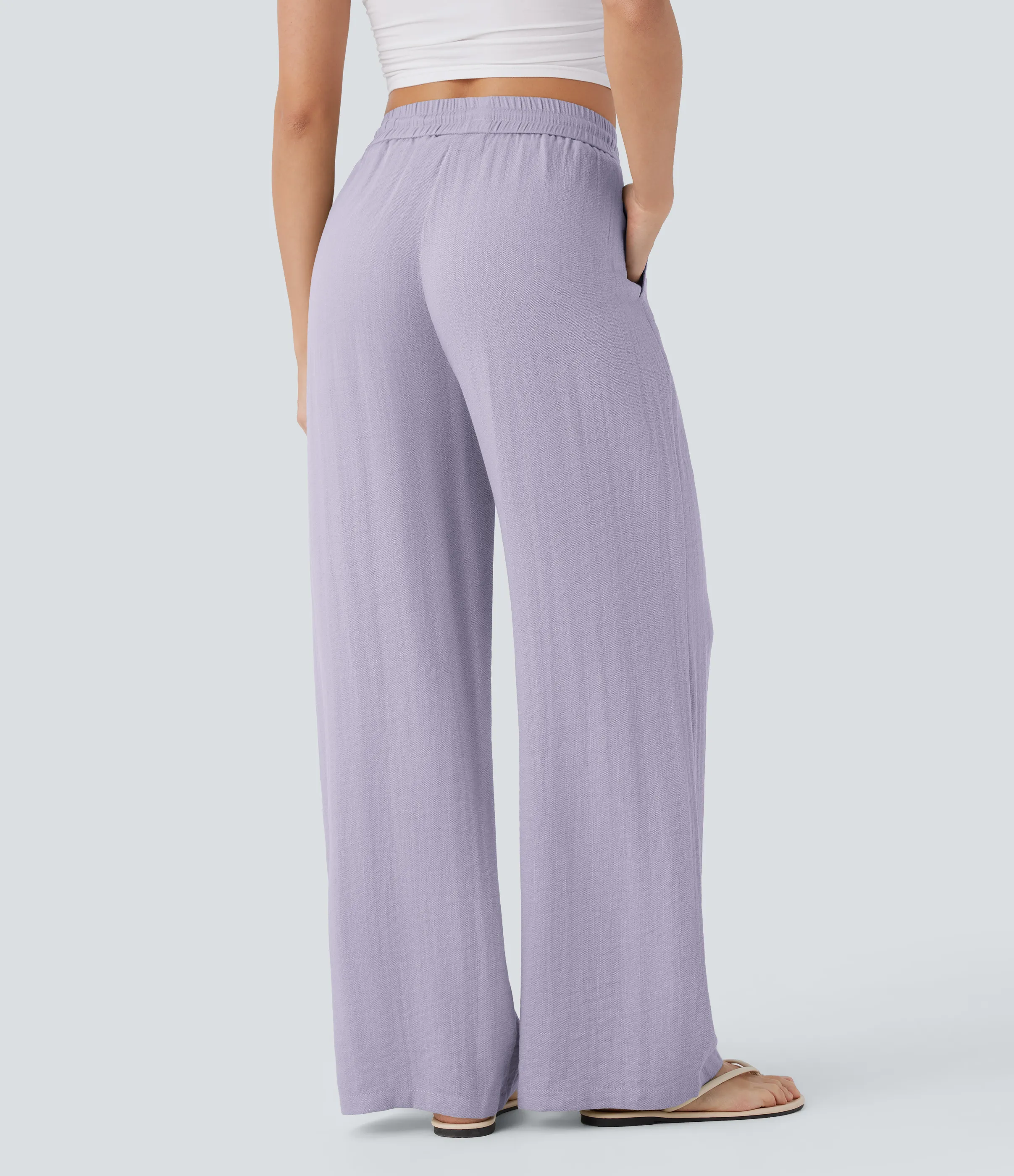 Halara Pantalón lino tiro alto cordón ajustable bolsillo lateral pierna ancha - Wanderlust - Lilac - XL(regular) sold by Halara product image thumbnail 3