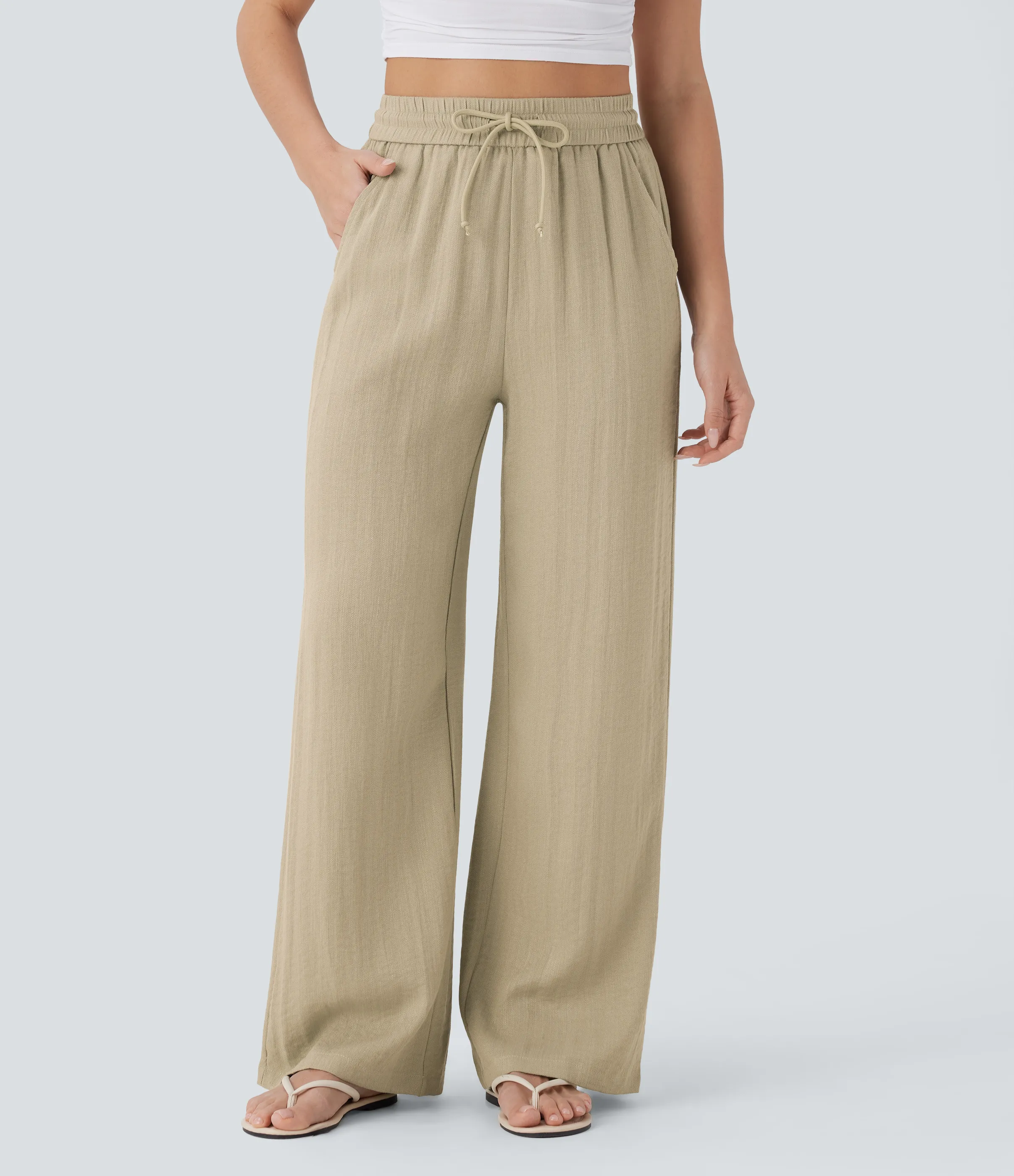 Halara Pantalón lino tiro alto cordón ajustable bolsillo lateral pierna ancha - Fields of Rye - S(regular) sold by Halara product image thumbnail 2