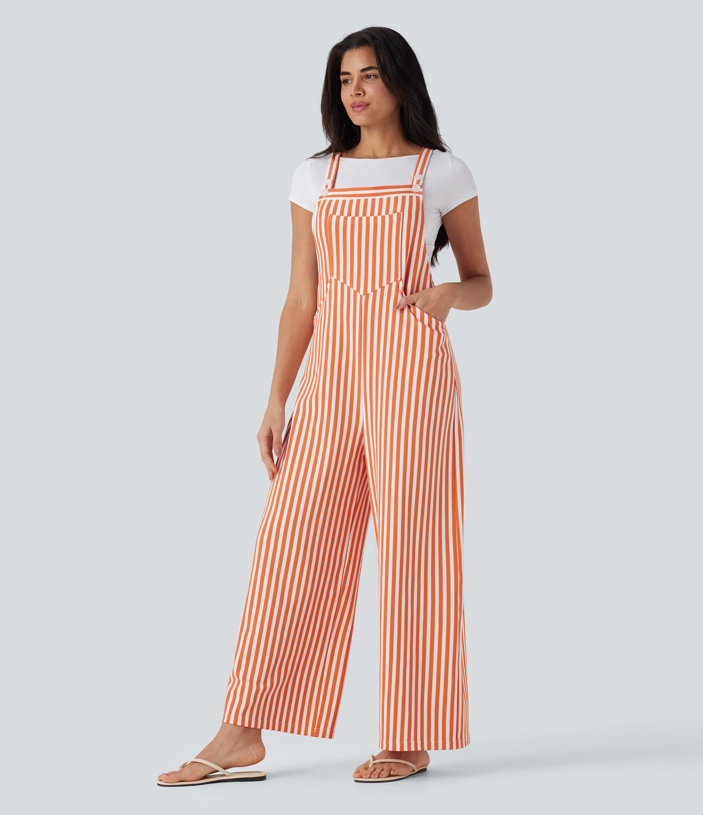 Halara Overol resort gofre raya múltiple bolsillo botón correa ajustable - Orange Stripe - XL(regular) sold by Halara product image thumbnail 2