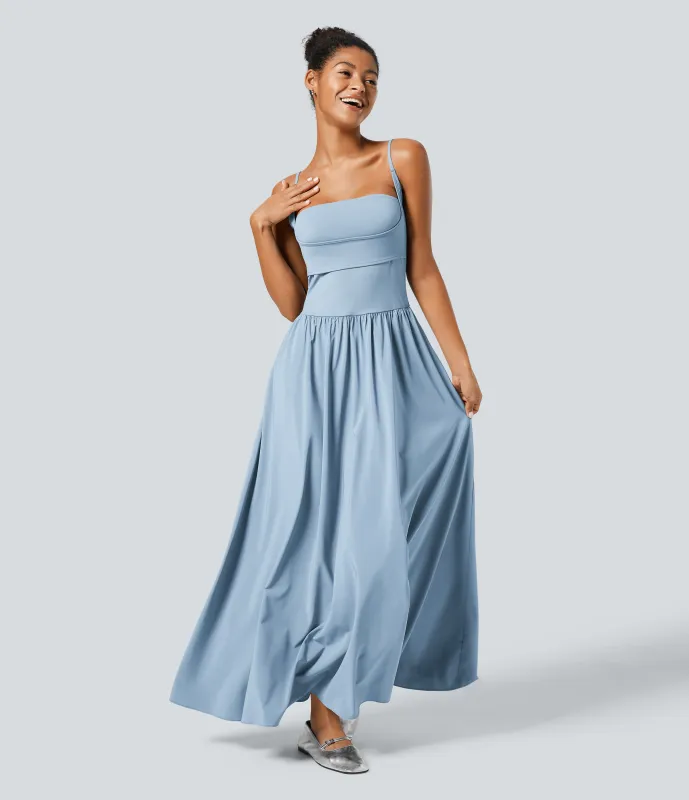 Halara Vestido Breezeful™ lencero secado rápido largo plisado fluido acampanado sin espalda bolsillo lateral - Ballad Blue - M made by Halara