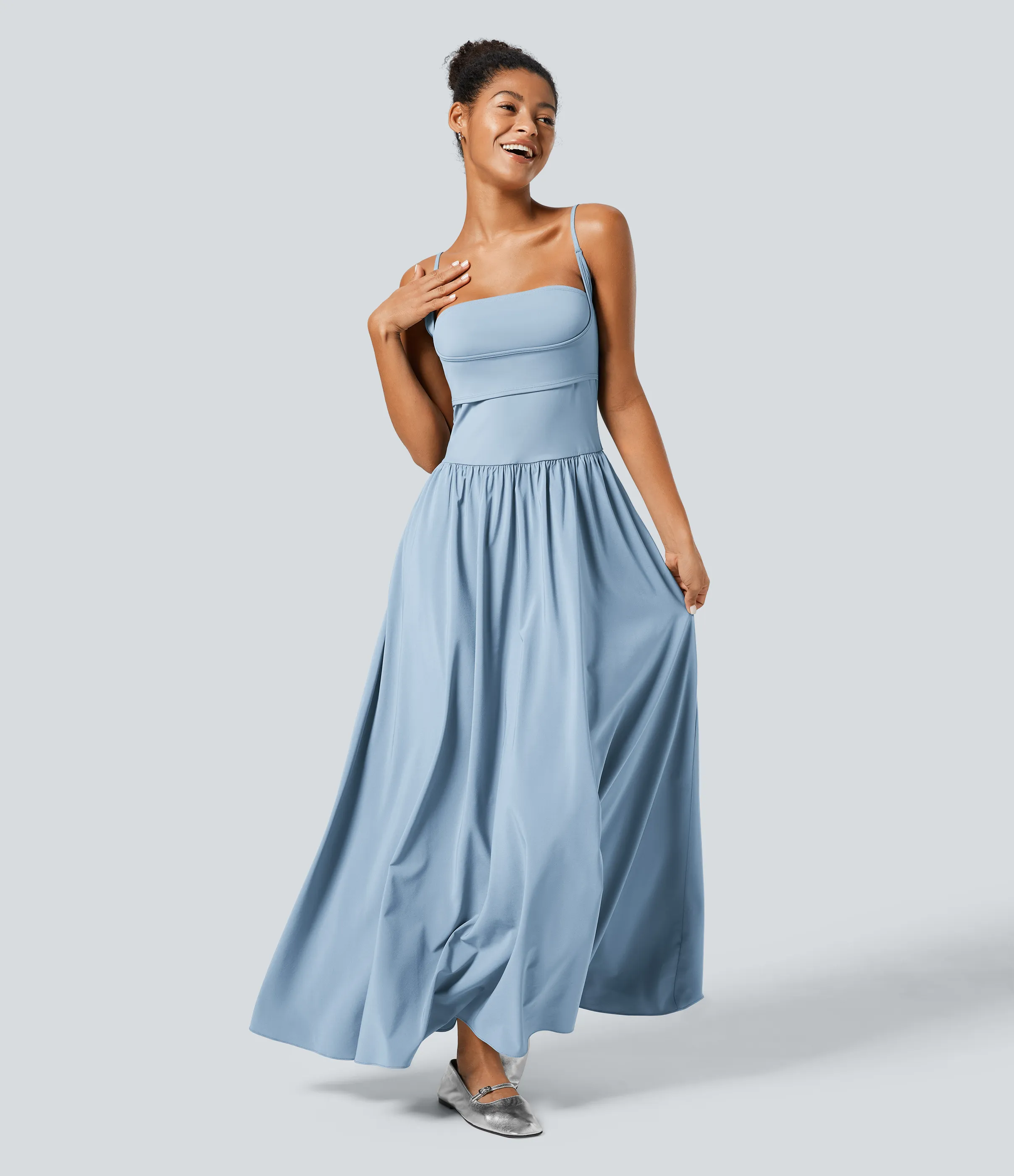 Halara Vestido Breezeful™ lencero secado rápido largo plisado fluido acampanado sin espalda bolsillo lateral - Ballad Blue - M sold by Halara
