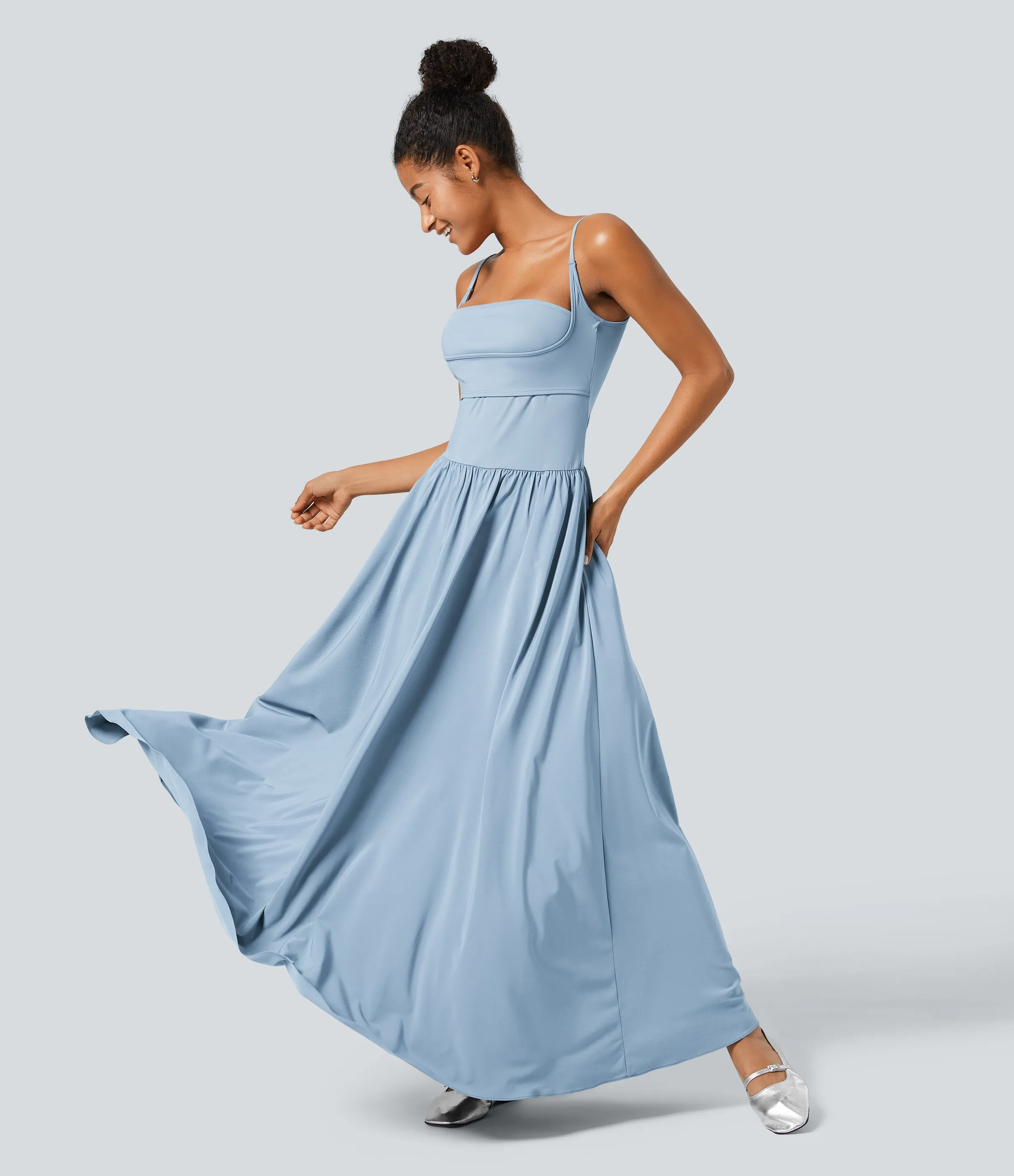 Halara Vestido Breezeful™ lencero secado rápido largo plisado fluido acampanado sin espalda bolsillo lateral - Ballad Blue - M sold by Halara product image thumbnail 4