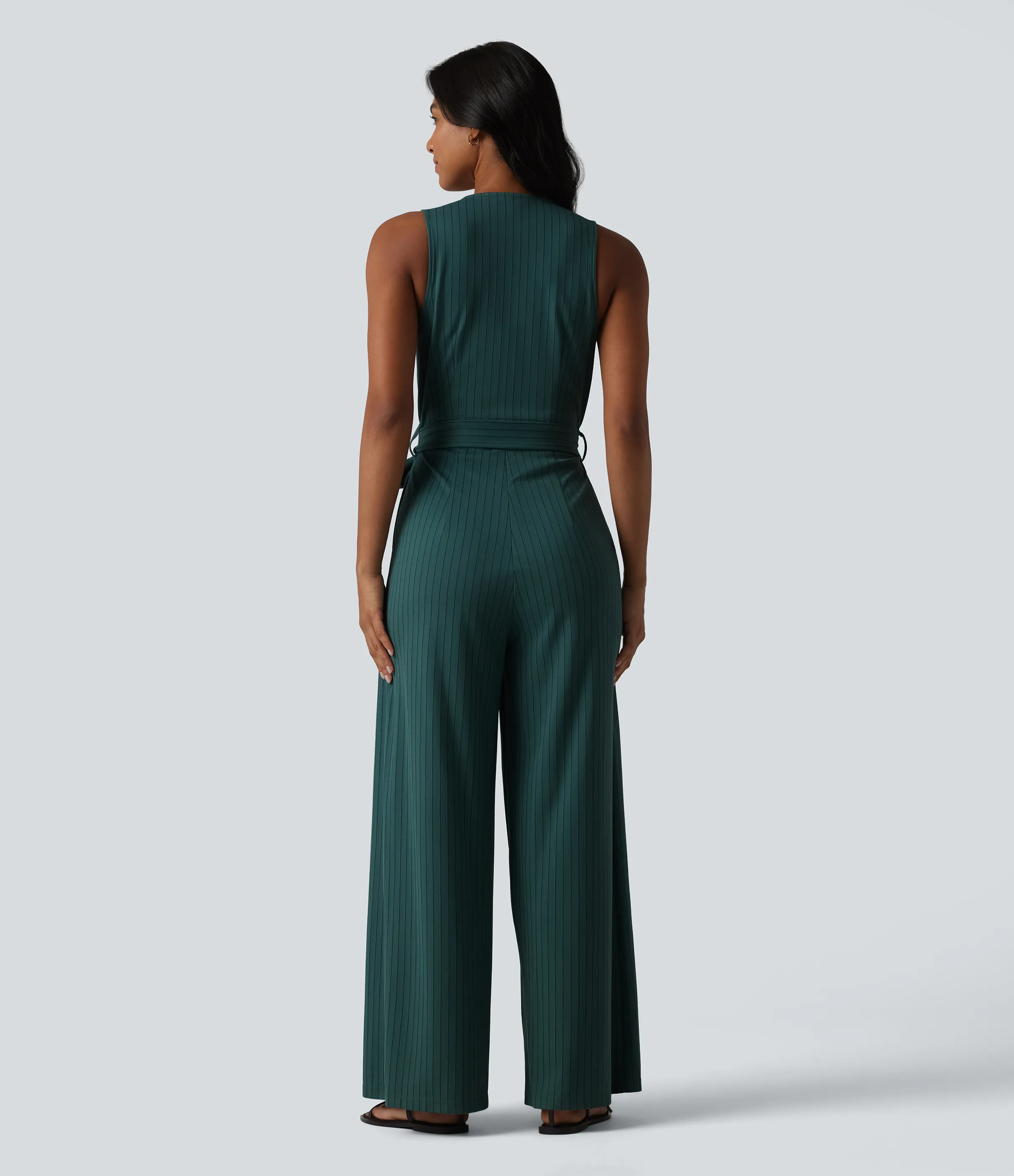 Halara Mono de oficina a rayas sin mangas con cuello en V, botones, cinturón, cremallera invisible de tacto fresco con bolsillos - Easy Peezy - Cloud Shadow - XS(regular) sold by Halara product image thumbnail 3