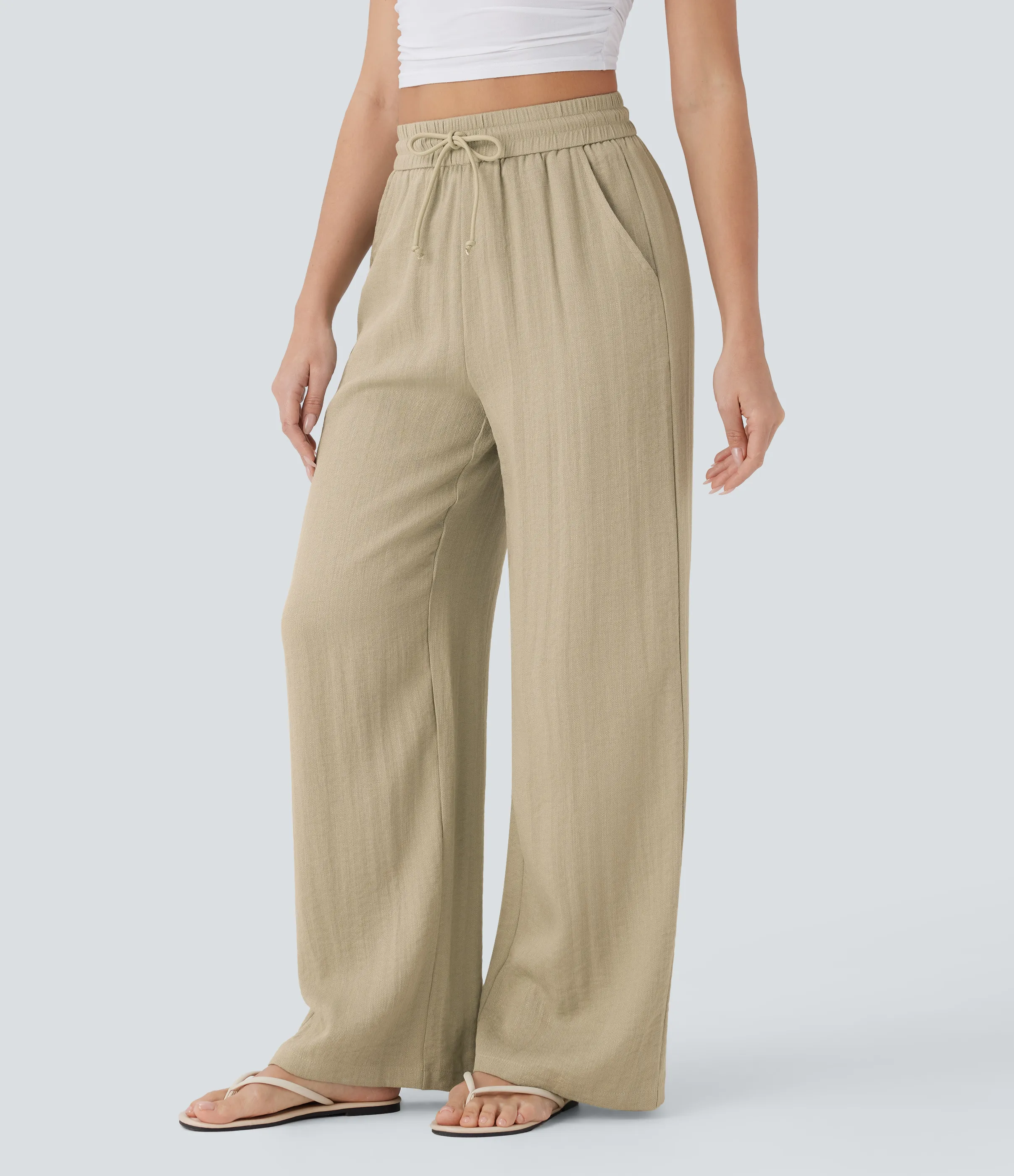 Halara Pantalón lino tiro alto cordón ajustable bolsillo lateral pierna ancha - Fields of Rye - L(tall) sold by Halara product image thumbnail 4