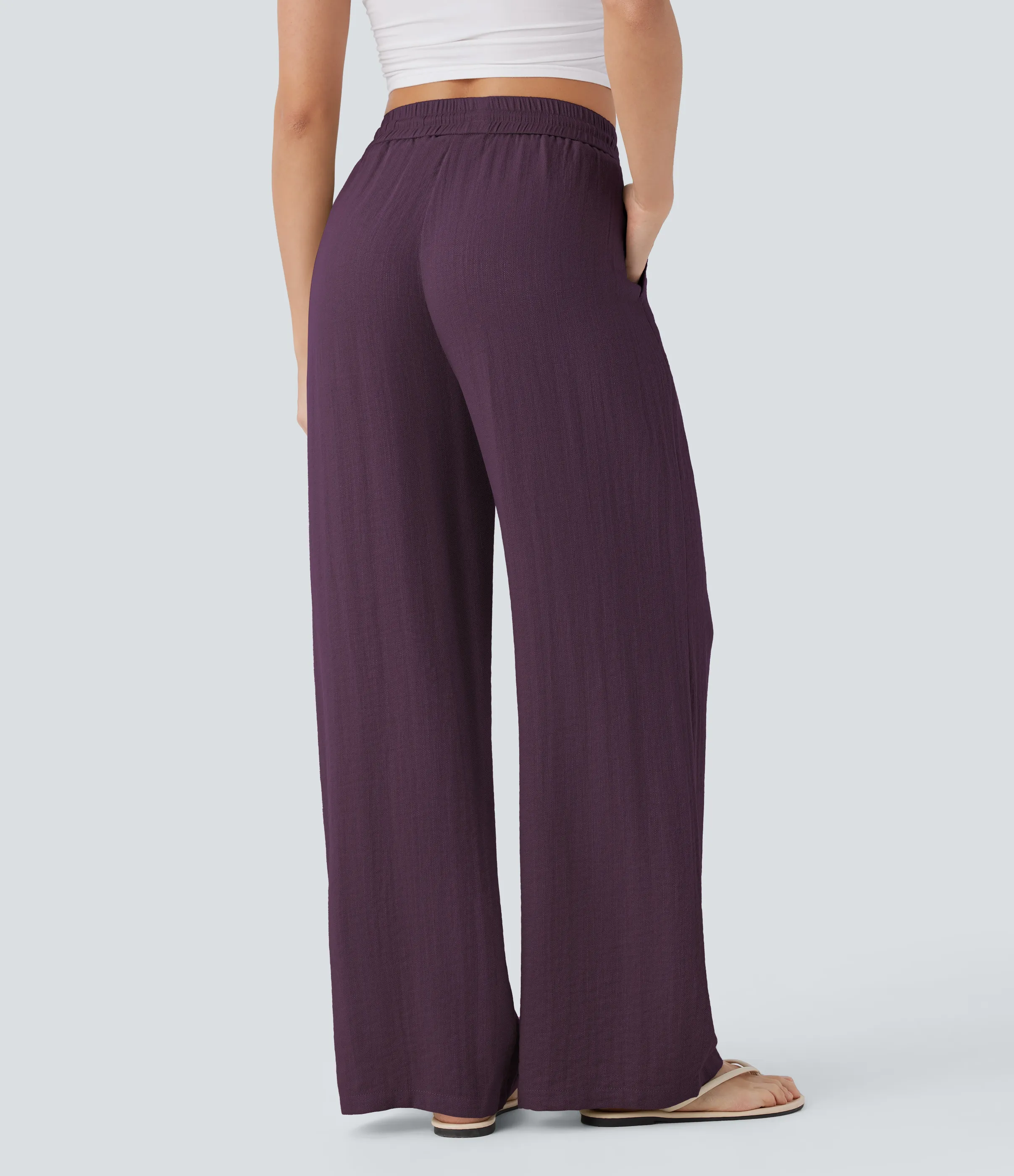Halara Pantalón lino tiro alto cordón ajustable bolsillo lateral pierna ancha - Italian Plum - S(tall) sold by Halara product image thumbnail 3