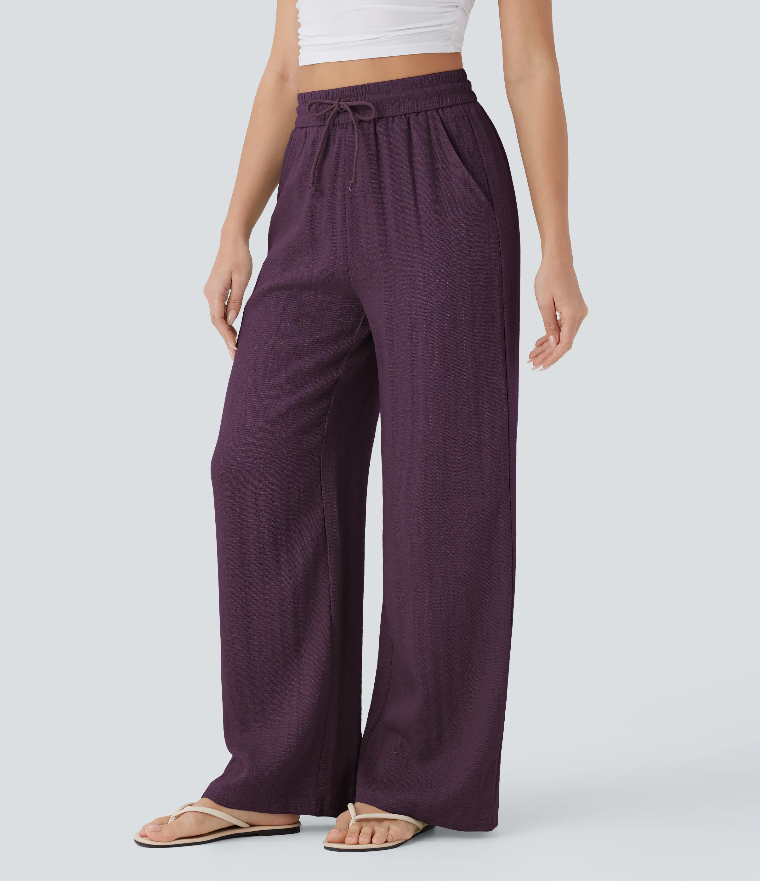 Halara Pantalón lino tiro alto cordón ajustable bolsillo lateral pierna ancha - Italian Plum - S(tall) sold by Halara product image thumbnail 4