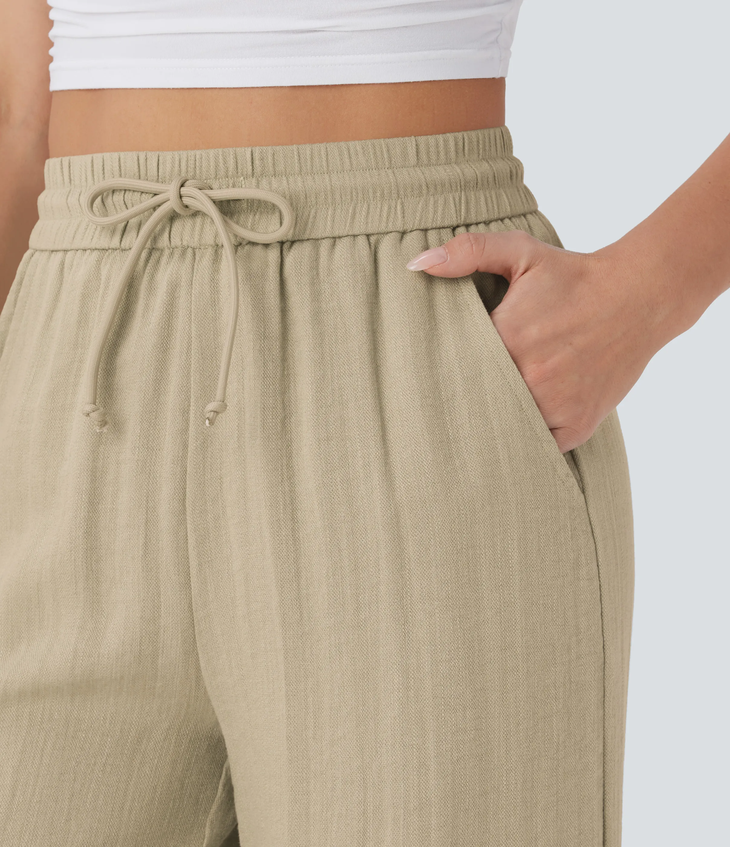 Halara Pantalón lino tiro alto cordón ajustable bolsillo lateral pierna ancha - Fields of Rye - L(regular) sold by Halara product image thumbnail 5