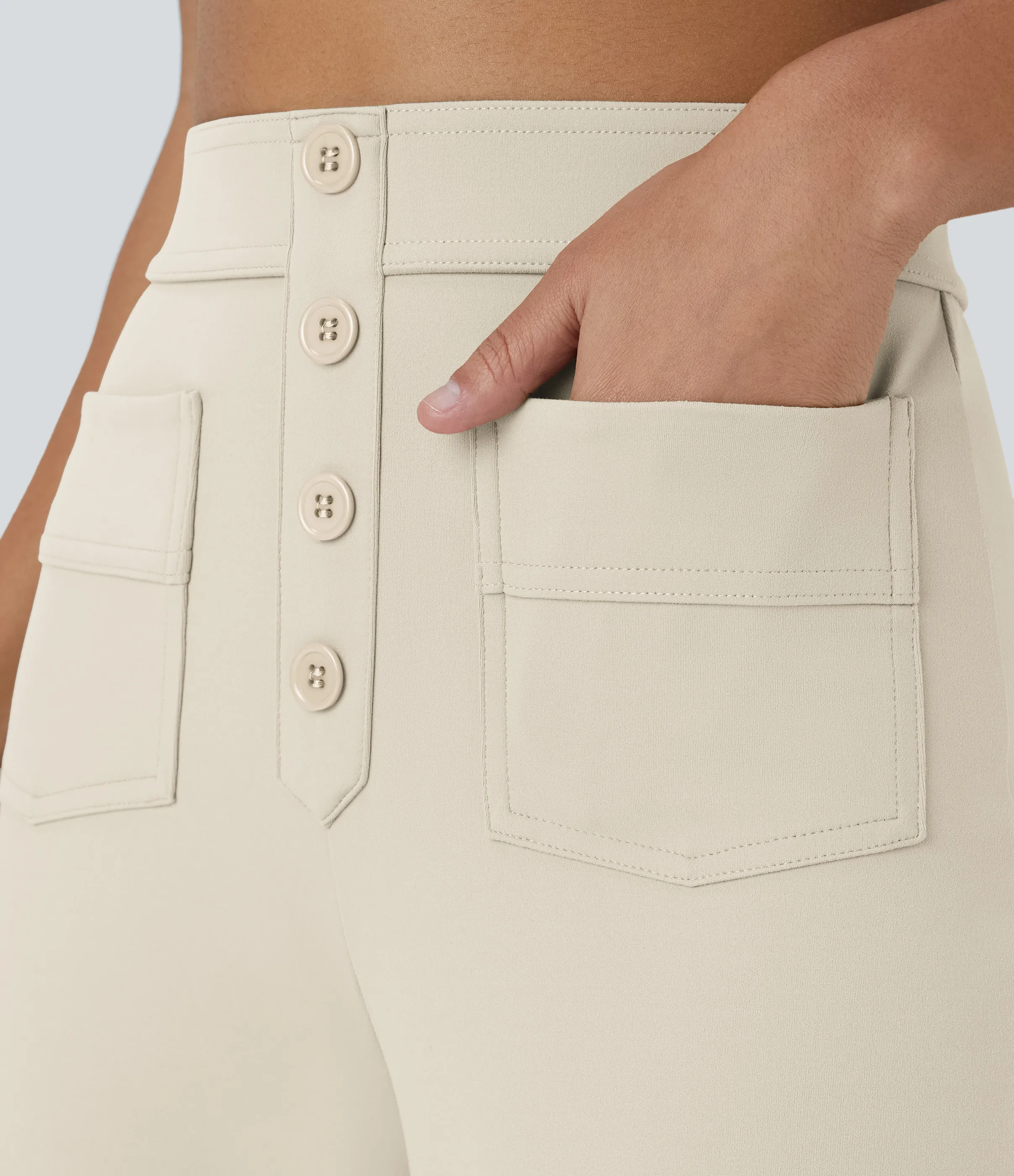 Halara Pantalones pierna recta múltiple bolsillo botón tiro alto - Oat Milk - L(expetite) sold by Halara product image thumbnail 5