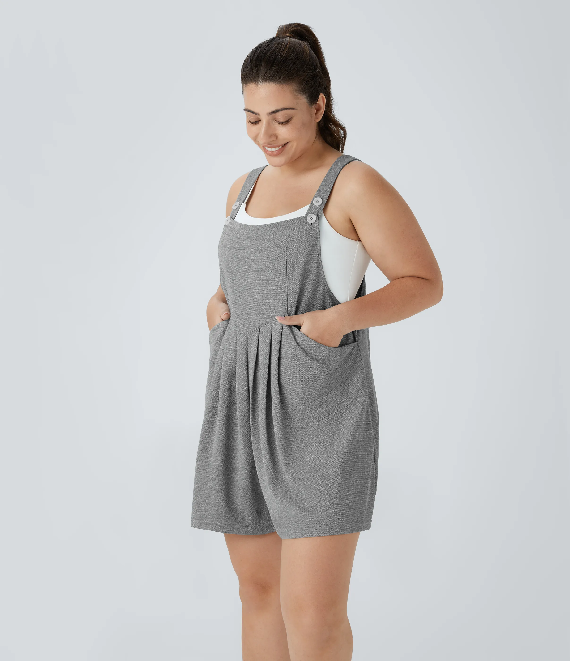 Halara Overol Gofre talla grande correa ajustable botón múltiple bolsillo plisado - Waffle Gray - 1X sold by Halara product image thumbnail 4