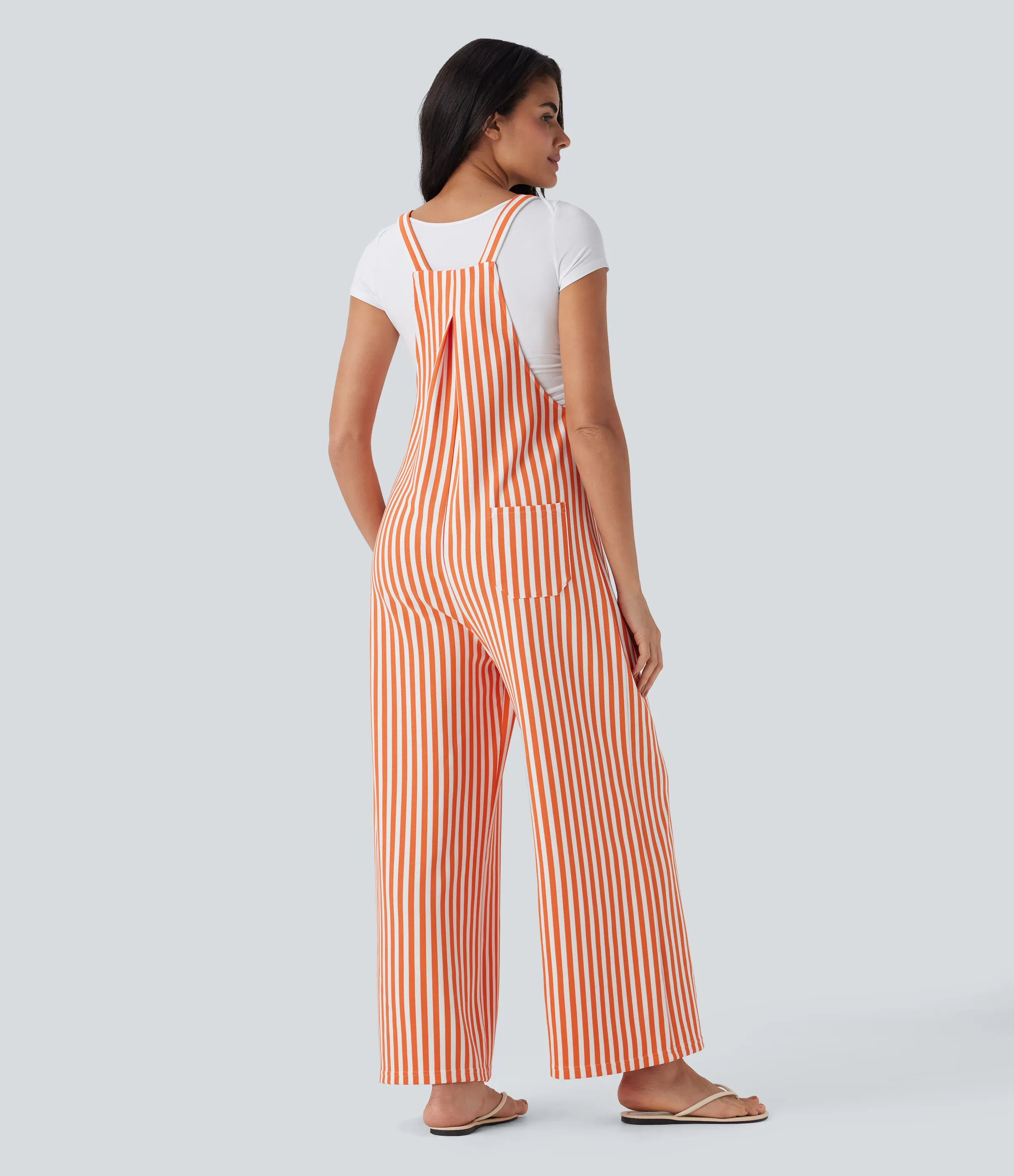 Halara Overol resort gofre raya múltiple bolsillo botón correa ajustable - Orange Stripe - S(regular) sold by Halara product image thumbnail 3