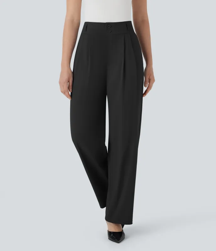 Halara Pantalones de oficina rectos de tiro alto con botones, cremallera y bolsillos, con fruncido posterior y tacto fresco - Black - XL(regular) made by Halara