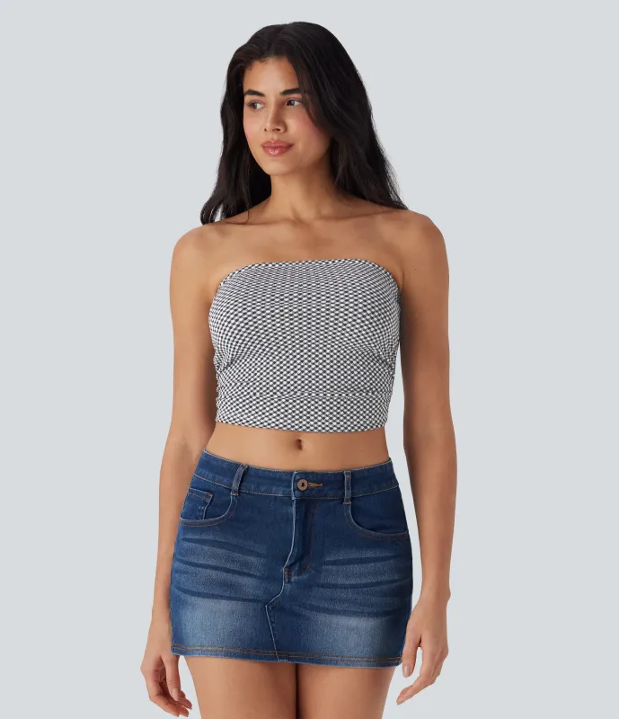 Halara Top de tubo casual corto con cuadros fruncidos - Black White Diagonal Plaid - XS made by Halara