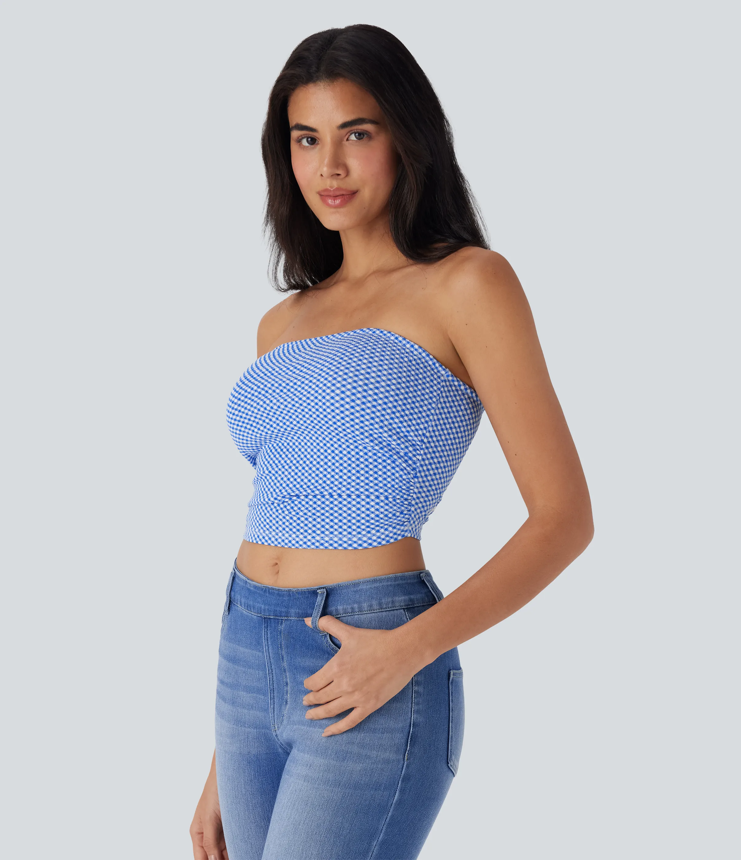 Halara Top de tubo casual corto con cuadros fruncidos - Card Blue Diagonal Plaid - XL sold by Halara
