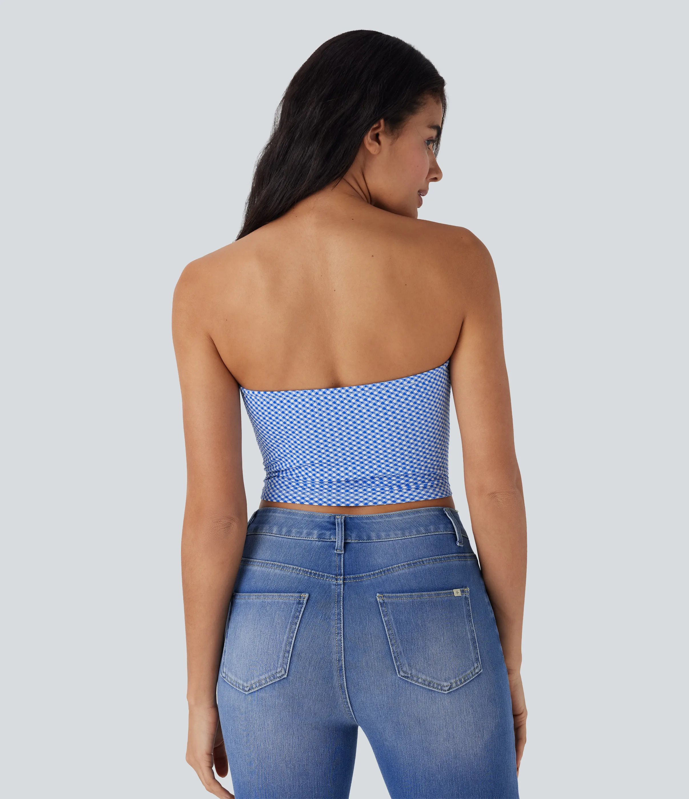 Halara Top de tubo casual corto con cuadros fruncidos - Card Blue Diagonal Plaid - XL sold by Halara product image thumbnail 3