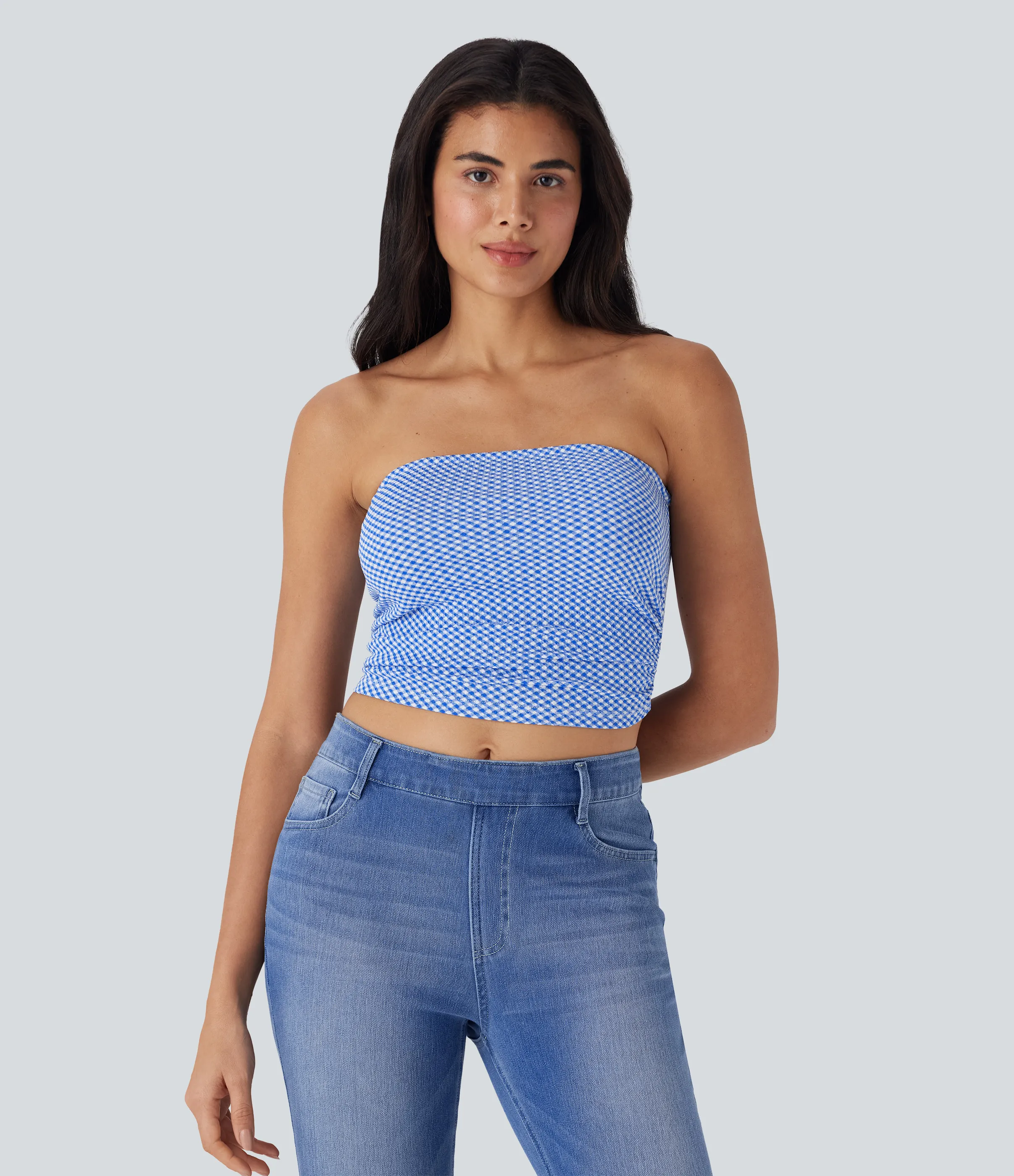 Halara Top de tubo casual corto con cuadros fruncidos - Card Blue Diagonal Plaid - XL sold by Halara product image thumbnail 4