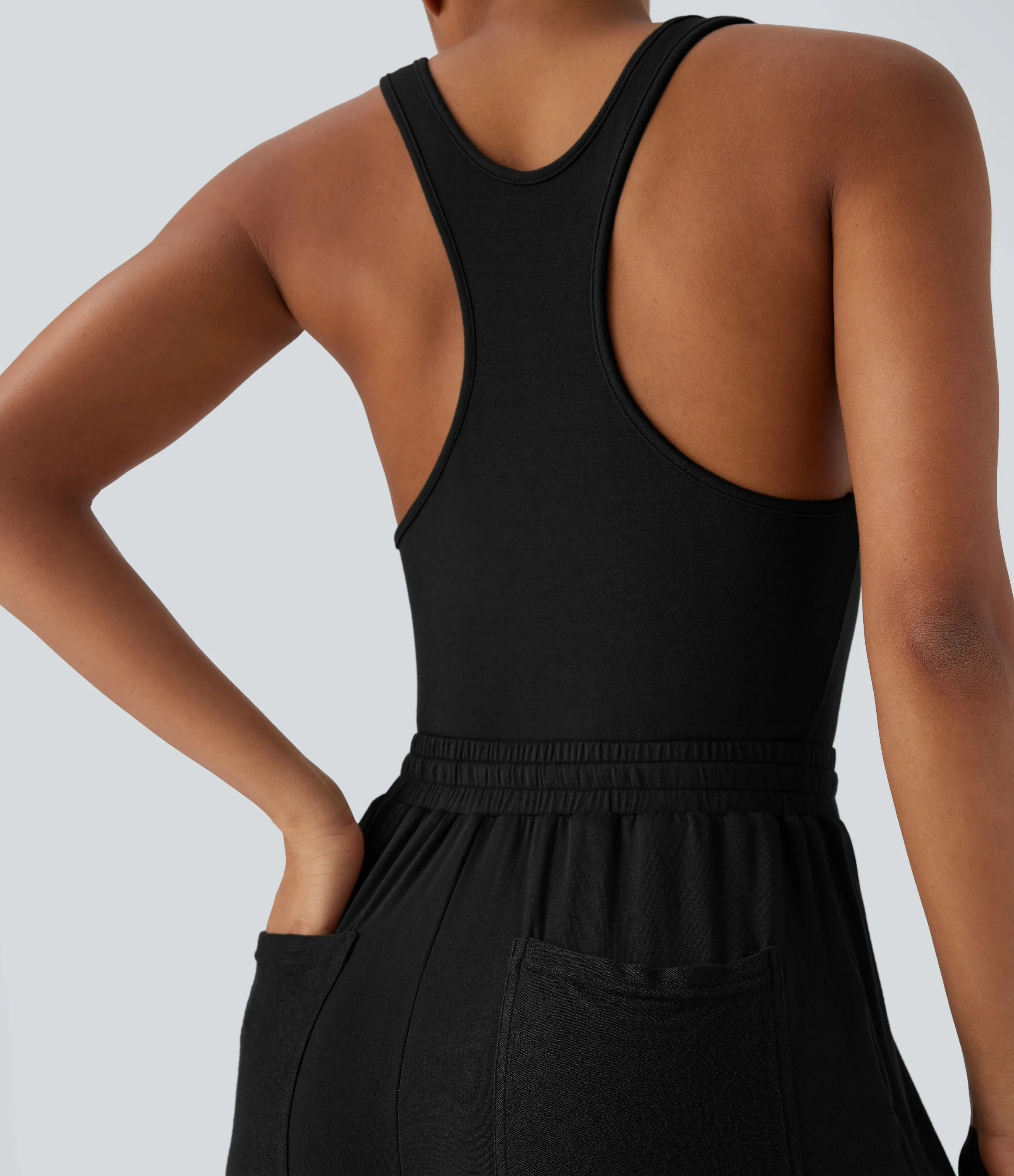 Halara Mono casual con cuello en U espalda cruzada, cordón ajustable y bolsillos traseros - Black - XS(regular) sold by Halara product image thumbnail 5