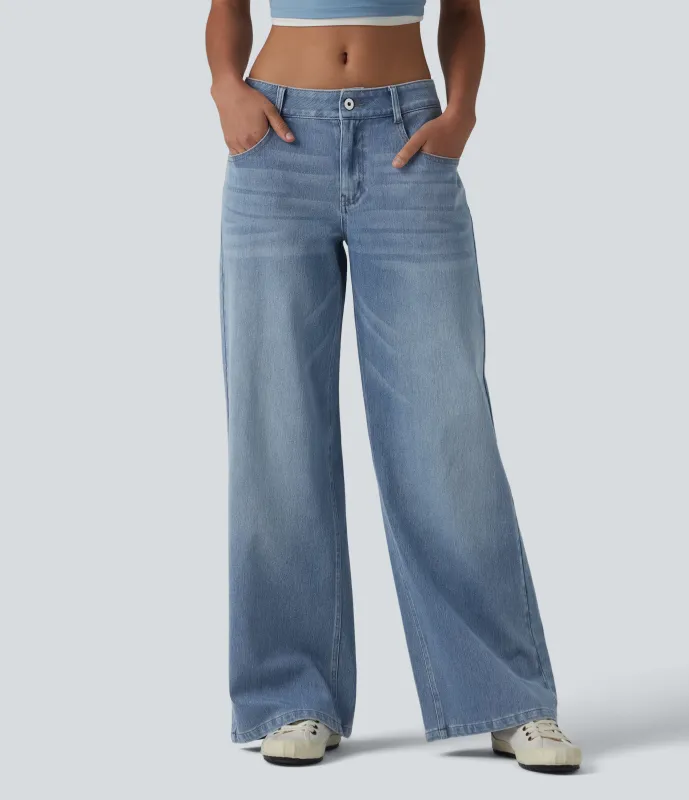 Halara Jeans Baggy Halara Flex™ Denim tiro bajo botón cremallera múltiple bolsillo elástico lavado holgado pierna ancha - Light Blue – Glacier Light Blue - XL(regular) made by Halara