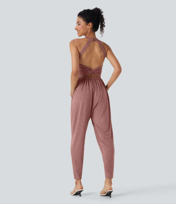 Halara Jumpsuit casual tipo harem con escote en U y bolsillos edición Easy Peezy en copas D-F - Brick Red Mix - XS(regular) made by Halara