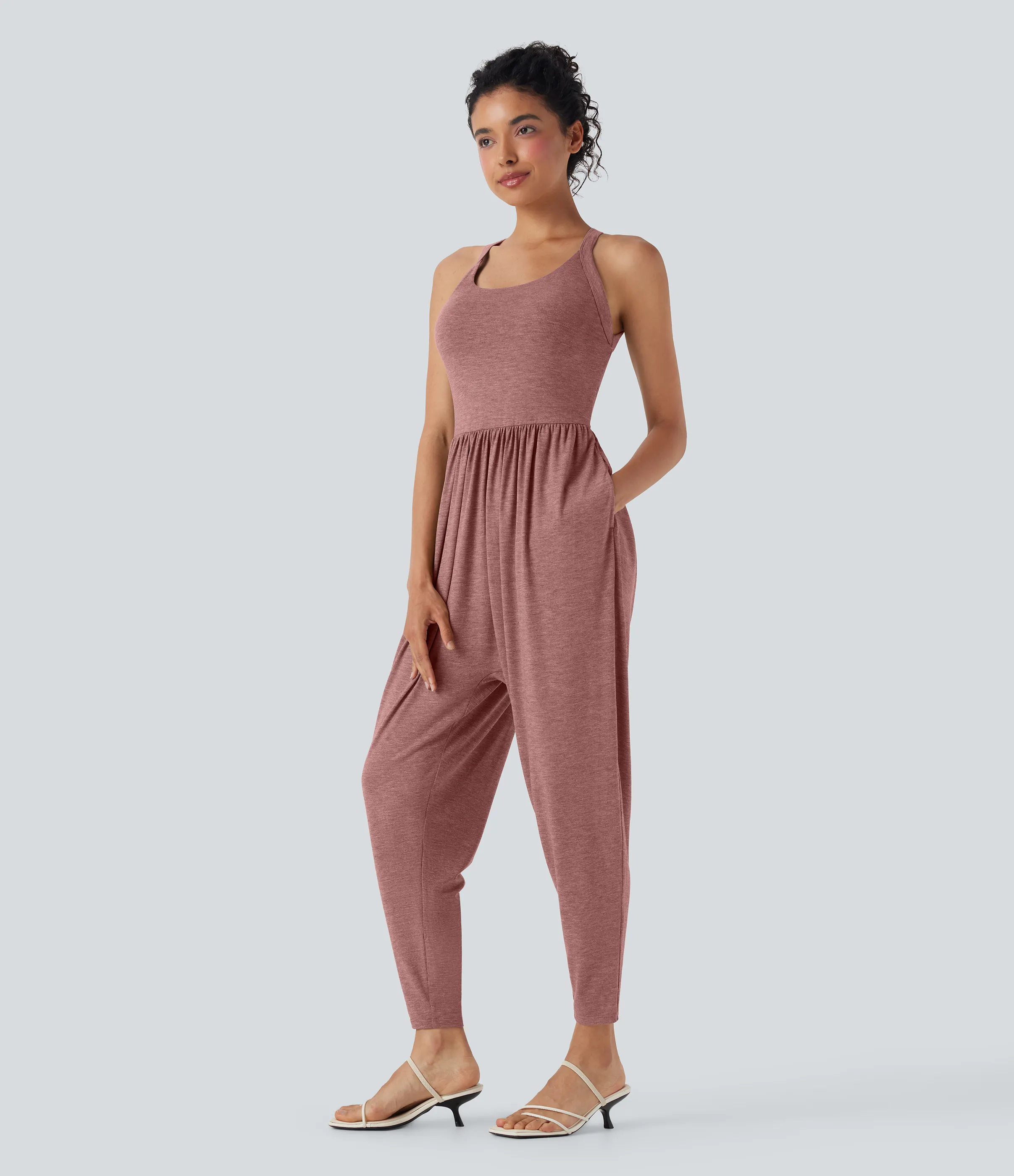 Halara Jumpsuit casual tipo harem con escote en U y bolsillos edición Easy Peezy en copas D-F - Brick Red Mix - XS(regular) sold by Halara product image thumbnail 4