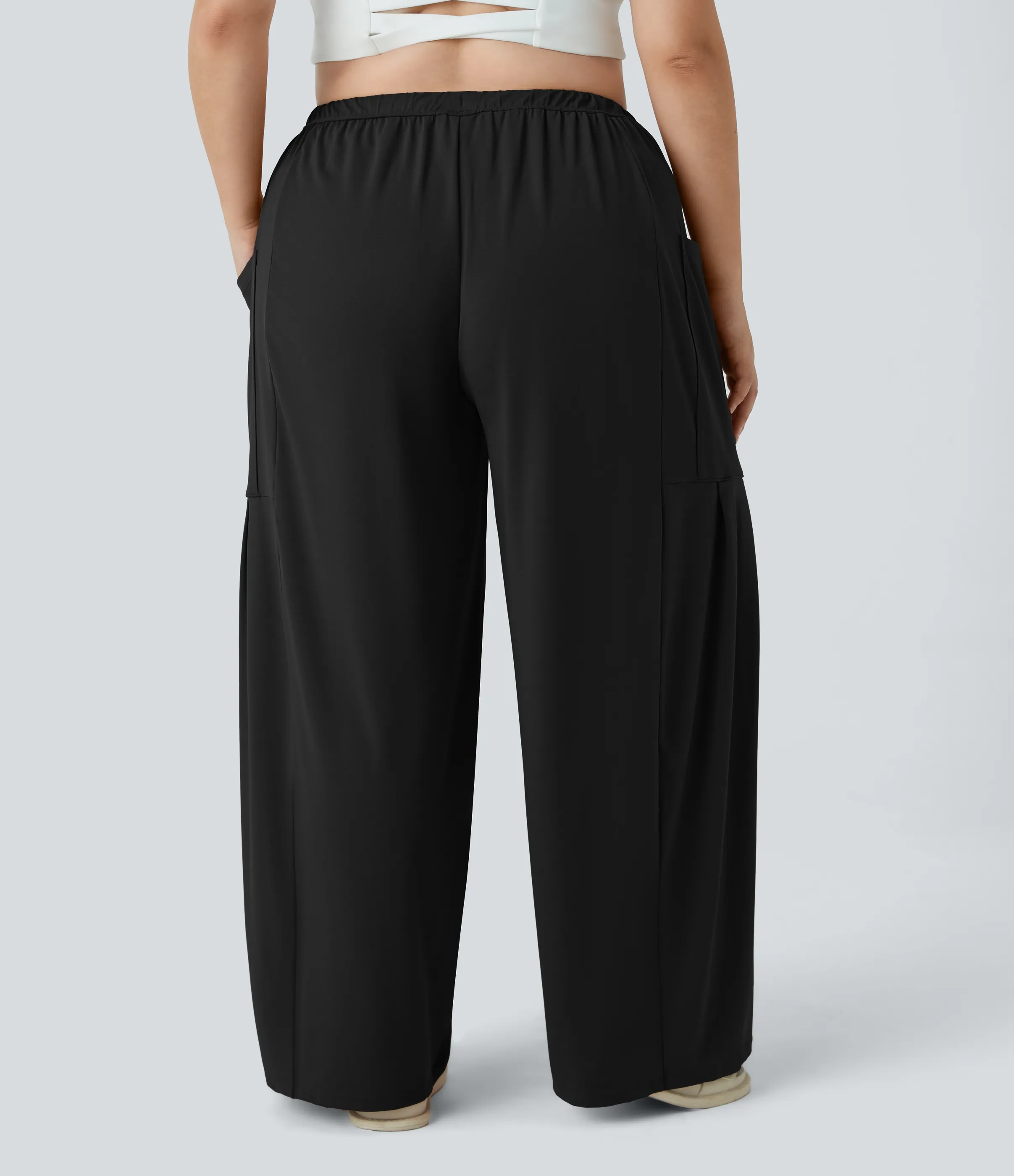 Halara Pantalones Palazzo fluidos de tiro medio con cintura elástica, cordón y bolsillos laterales en tallas grandes - Black - 2X(regular) sold by Halara product image thumbnail 3